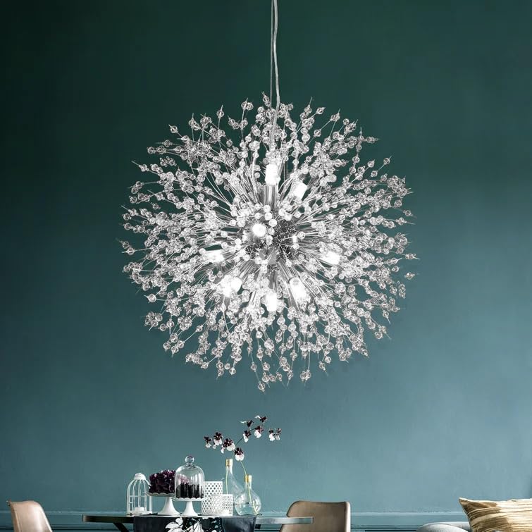 Modern Firework Chrome Crystal Chandelier - 12-Light Sputnik Dandelion Pendant Lighting Fixture for Dining Room, Living Room, Bedroom, Kitchen & Restaurant | Elegant Ceiling Decor for Home, Hotel and Commercial Spaces