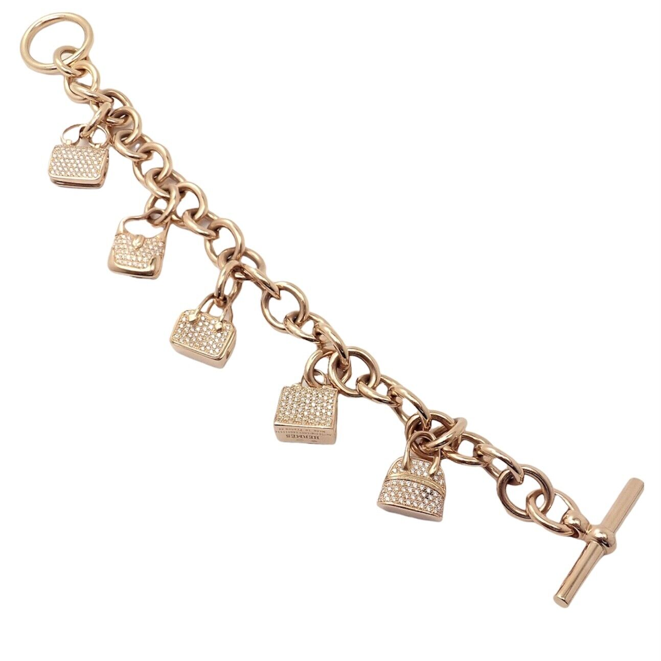 Authentic Hermes 18K Rose Gold Diamond Signature Iconic Bag Charm Link Bracelet - Luxury Jewelry Gift for Women, Perfect for Special Occasions & Everyday Elegance