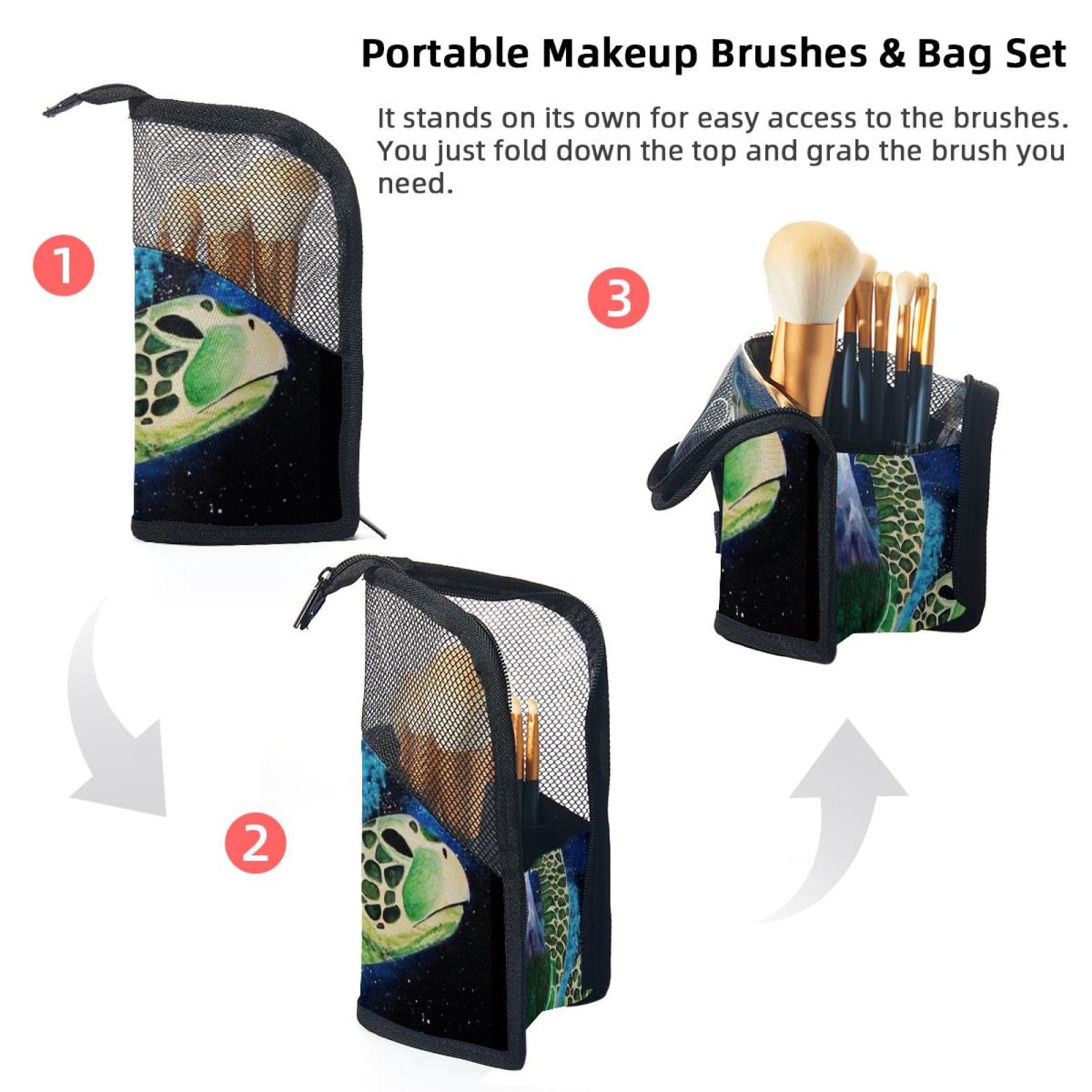 Premium Makeup Brush Organizer Bag with 12 Slots - Ocean World Sea Turtle Galaxy Design - Portable Waterproof Cosmetic Brush Holder Case for Travel, Home & Professional Makeup Artists