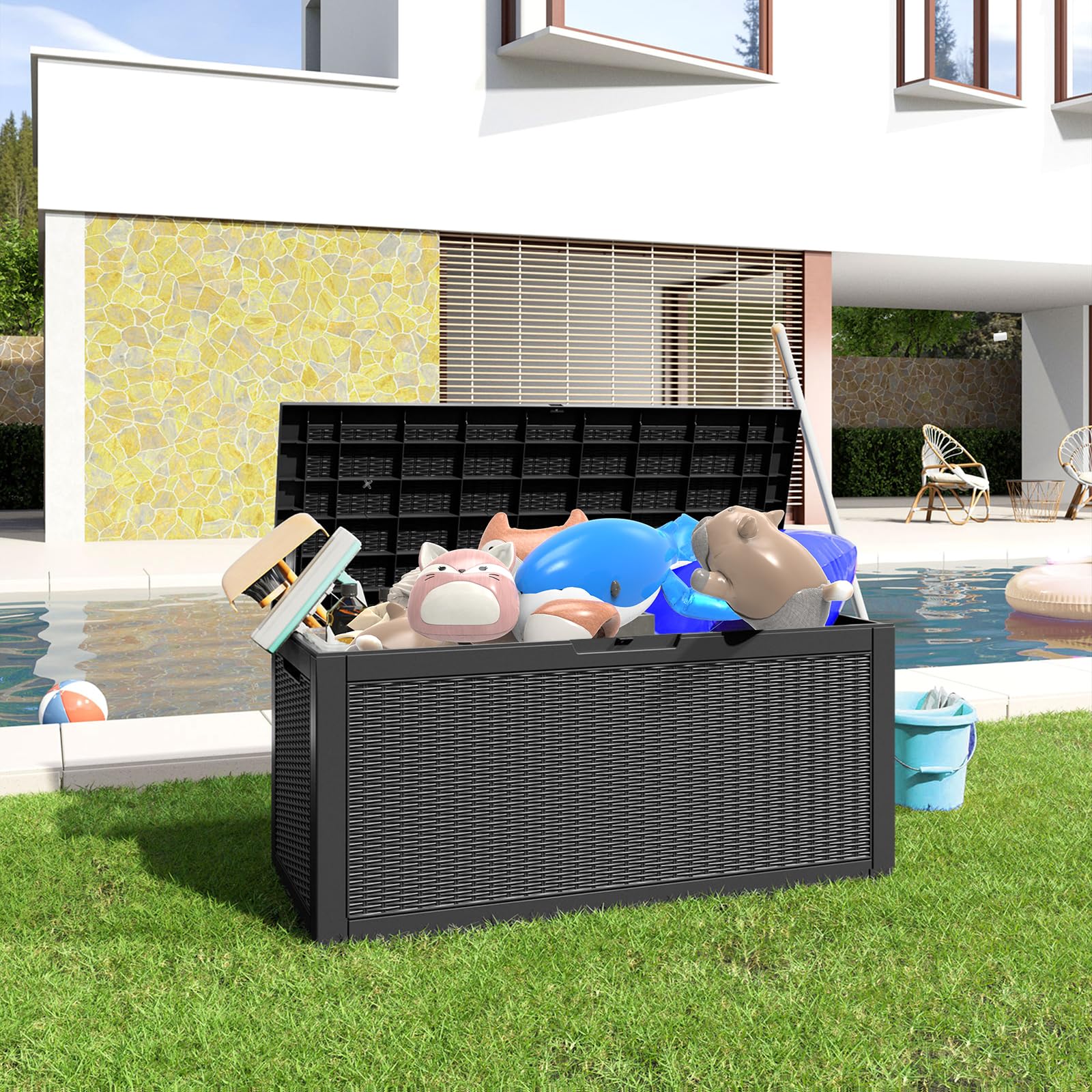 DRATO 100 Gallon Large Outdoor Deck Box - Waterproof Resin Storage Container for Patio Furniture, Cushions, Gardening Tools & Pool Supplies - 660lbs Weight Capacity - Perfect for Backyard, Deck & Poolside Organization