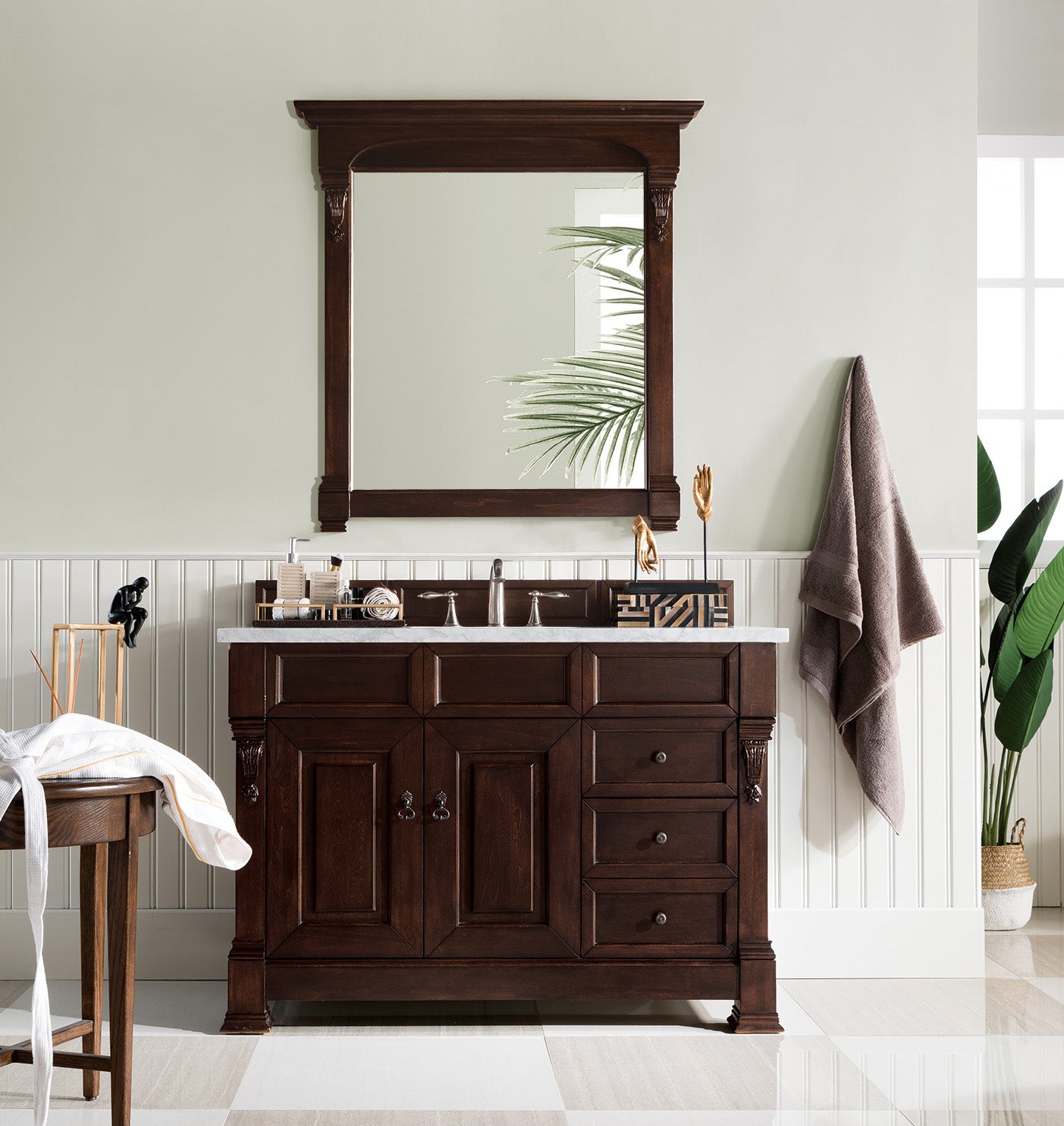 Brookfield 48 Inch Single Bathroom Vanity with Burnished Mahogany Finish & 3CM Carrara Marble Top - Perfect for Modern Master Bathroom or Guest Bathroom Renovation