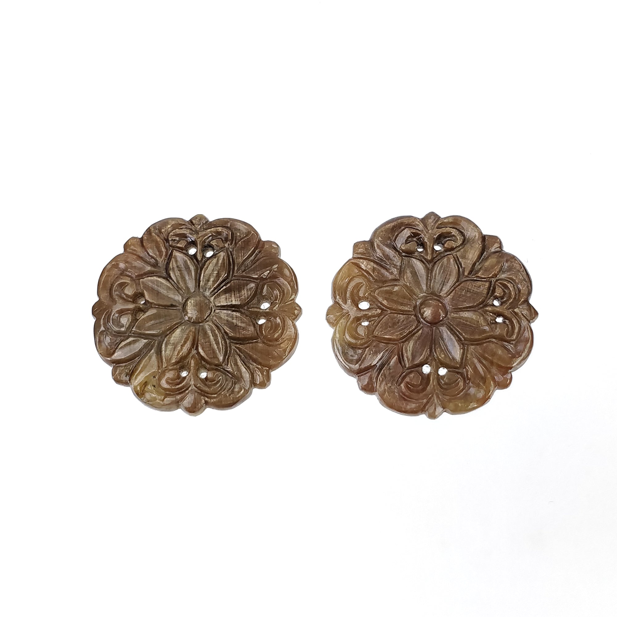 Natural Untreated Golden Brown Sheen Chocolate Sapphire Gemstone Carving - 54.00cts Hand Carved Round Shape 27mm Pair (With Video) - Perfect for Jewelry Making, Gemstone Collections & Spiritual Healing