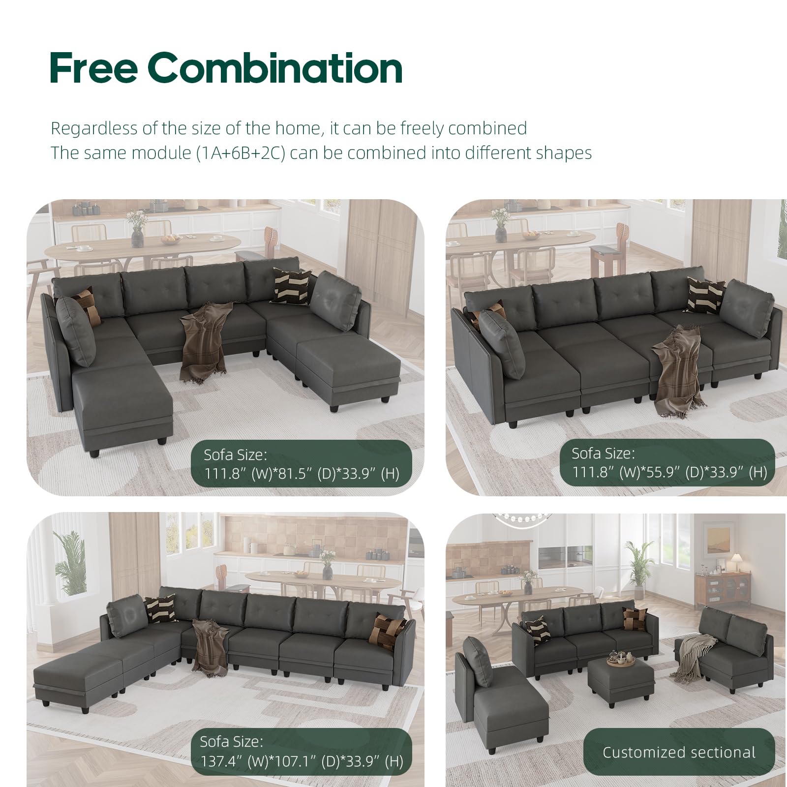 Modular Sofa Set with Side Armrests - Customizable Sectional Couch in Breathable Faux Leather (Dark Grey) for Living Room, Lounge & Home Theater Seating