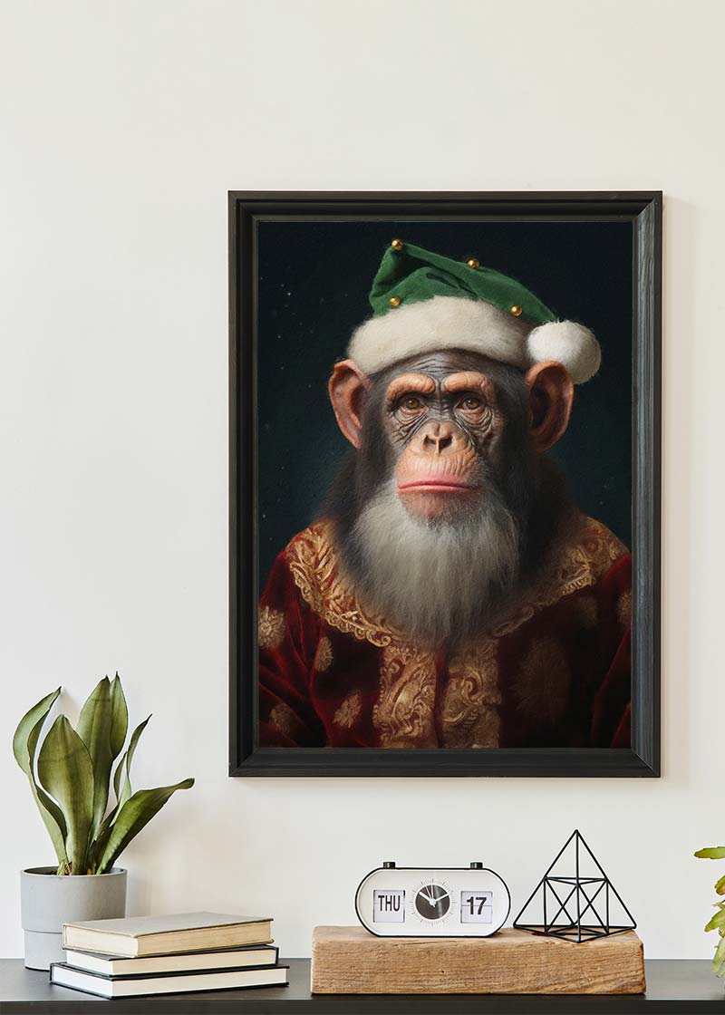 Christmas Chimp Animal Portrait Print - Festive Holiday Wall Art Decor for Living Room, Nursery & Office