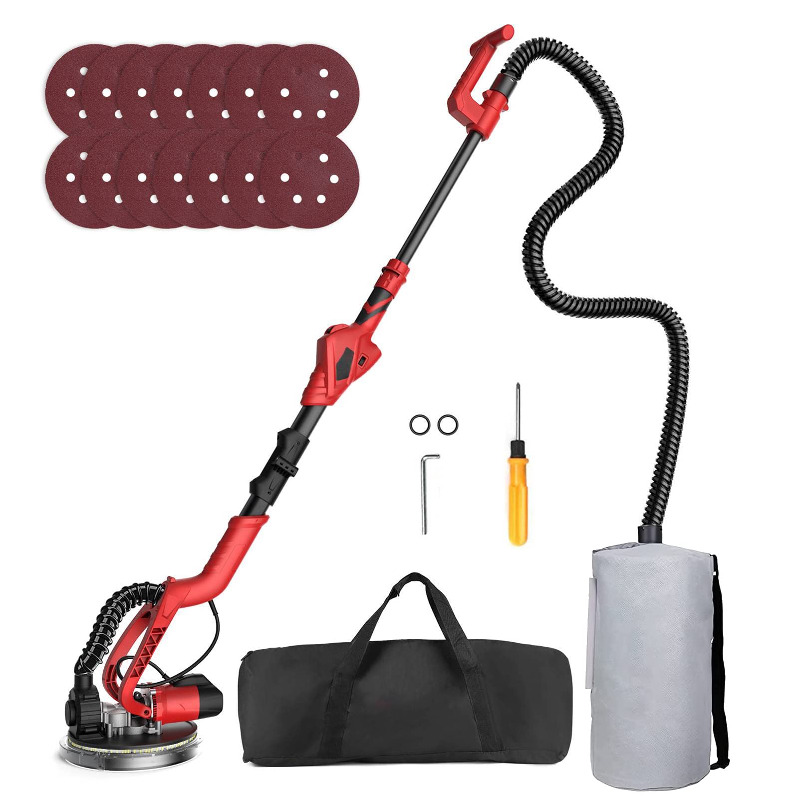 750W Electric Drywall Sander with Vacuum Dust Collection - 6 Speed Adjustable (1000-1850 RPM) for Popcorn Ceiling Removal - Includes 14Pcs Sandpaper, LED Light & Foldable Handle - Perfect for Home Renovation, Drywall Repair and DIY Projects