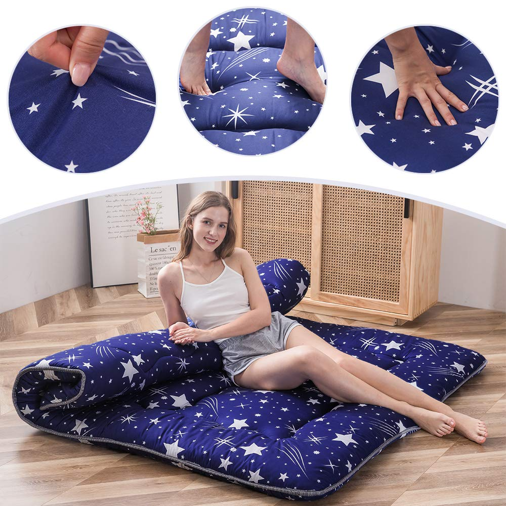 MAXYOYO Navy Starry Sky Japanese Floor Futon Mattress - Comfortable Foldable Sleeping Mat for Living Room, Guest Room & Travel - Perfect for Lounging, Sleepovers and Camping