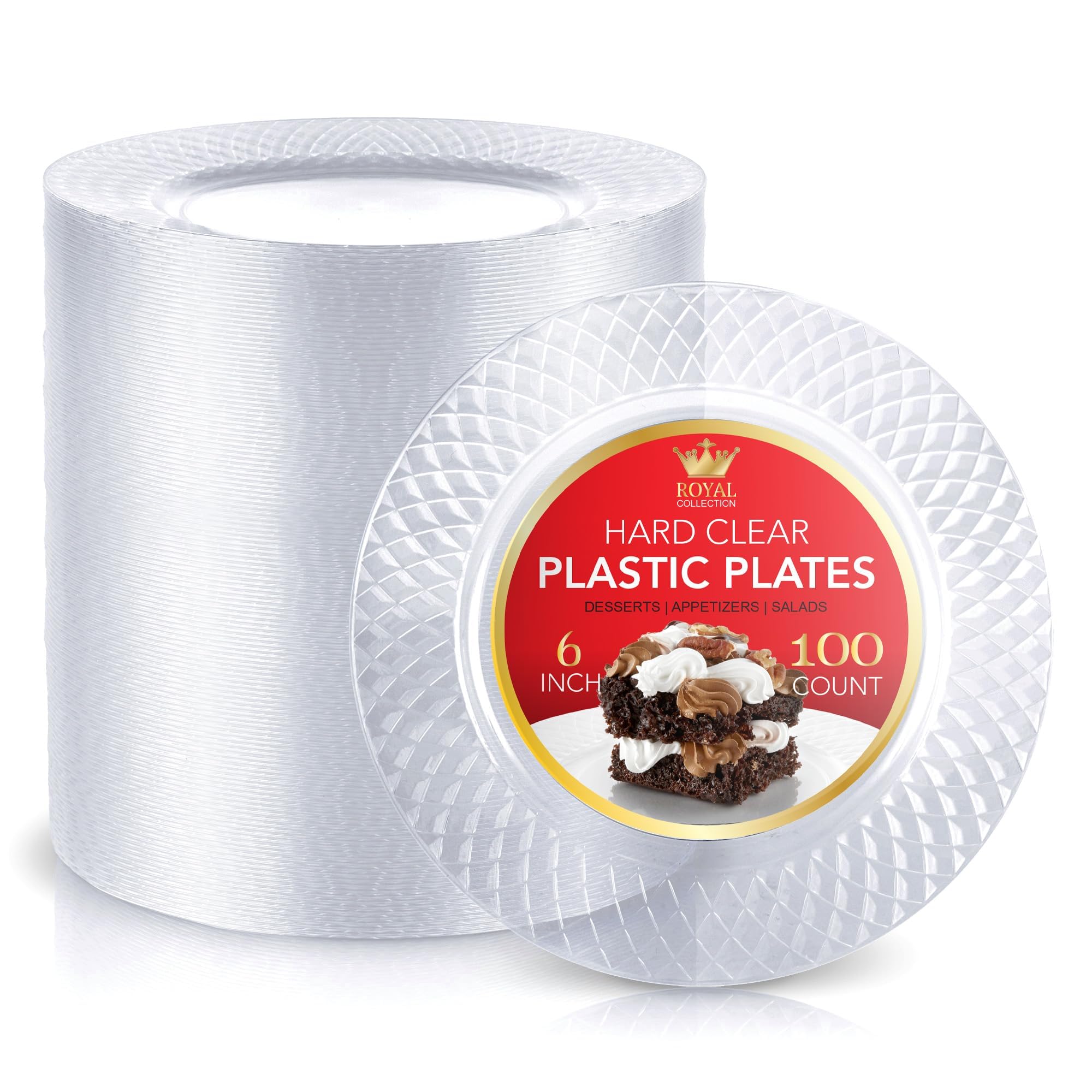 Premium Clear Plastic Dessert Plates 6 Inch - 100 Count Heavy Duty Disposable Appetizer & Party Plates - Crystal Clear Wedding Cake Plates for Holiday Parties, Birthday Celebrations & Catering Events