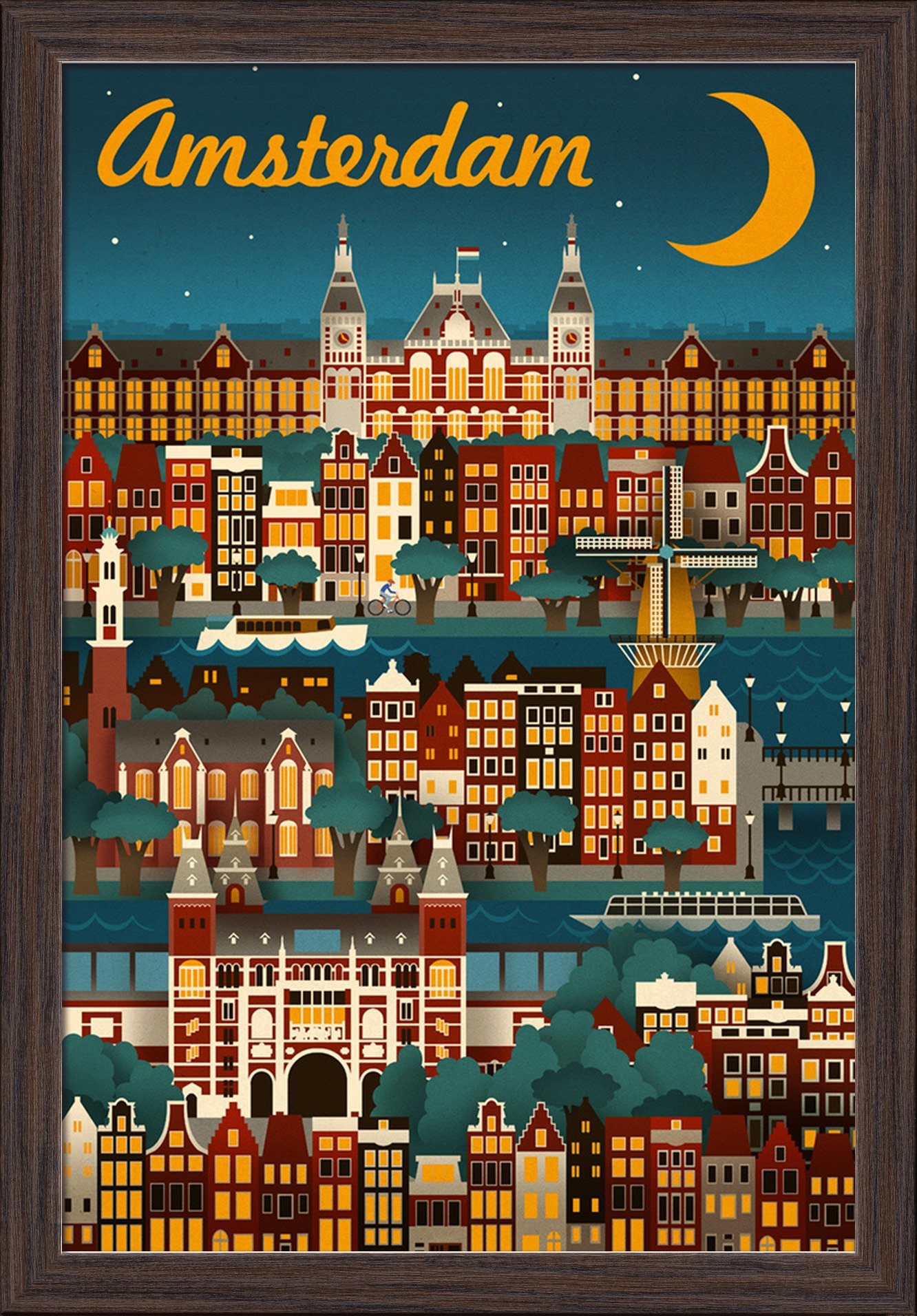 Amsterdam Retro Skyline Art Print - 16x24 Inch Giclee Fine Art on Recycled Wood Frame in Espresso Brown - Perfect for Living Room, Office & Home Decor