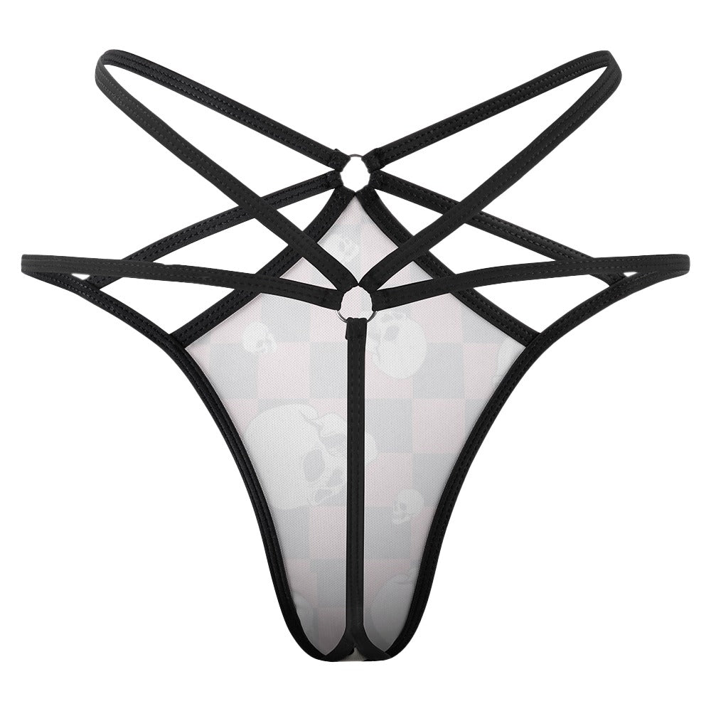 Checkered Skull Pattern T-Back Thong - Sexy Lingerie for Women - Perfect for Halloween, Cosplay, and Boudoir Photography