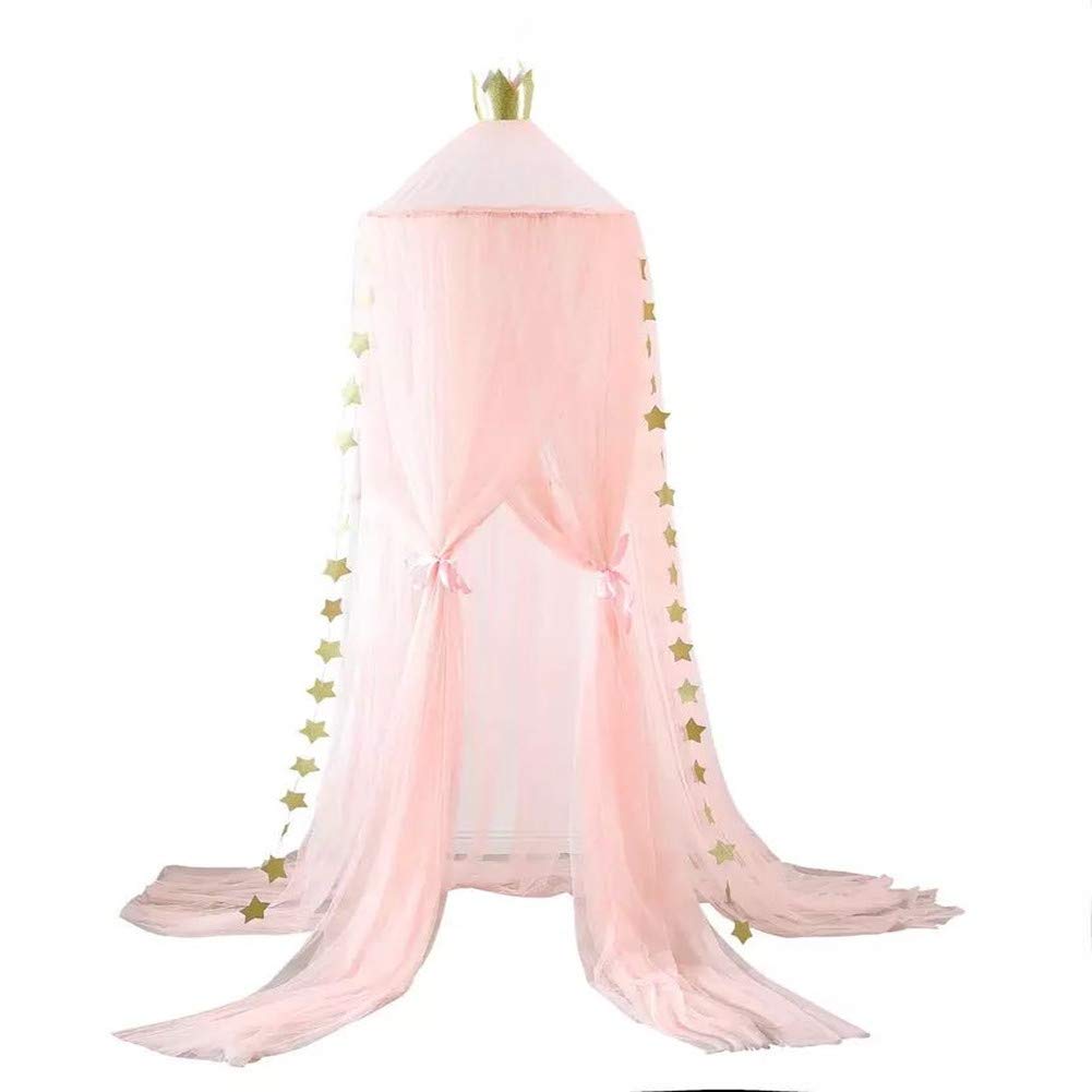 Eimilaly Princess Bed Canopy with Stars & Crown - Pink Mosquito Net with 7 Doors for Girls Room Decor | Encrypted Fabric for Better Protection | Perfect for Bedroom, Nursery & Sleepovers