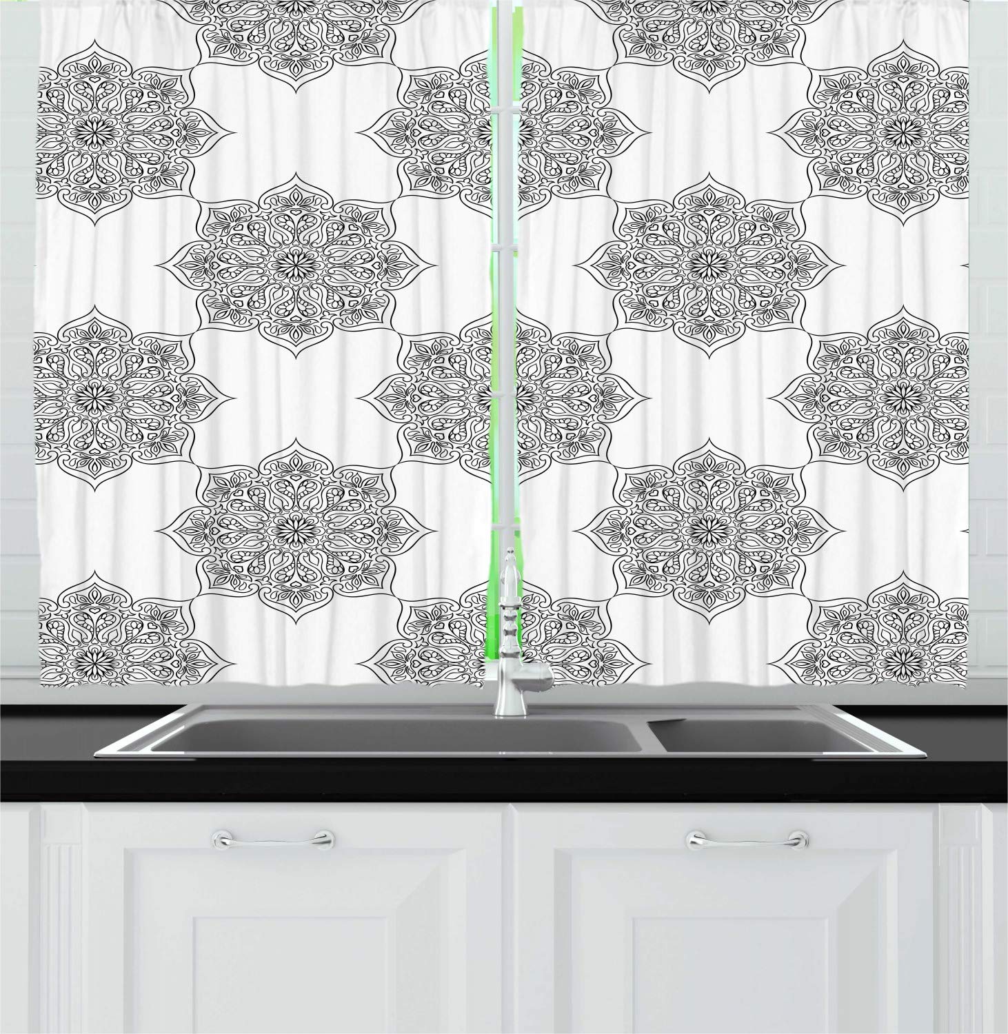 Ambesonne Ethnic Kitchen Curtains - Folk Style Mandala Inspired Window Drapes, 2 Panel Set for Kitchen & Cafe Decor, 55