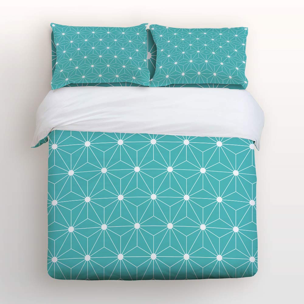 Bilagawa Full Size 4-Piece Comforter Set - Cyan Geometric Pattern Duvet Cover, Flat Sheet & Pillowcases | Soft Bedding Set for Christmas Decor, Guest Room & Master Bedroom