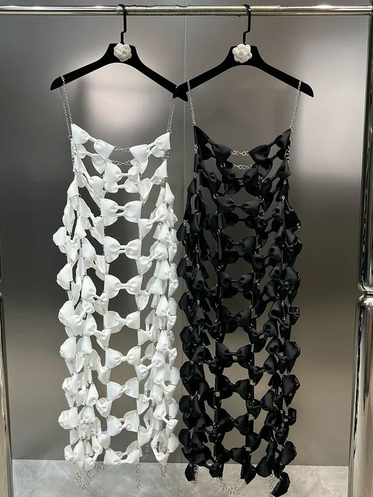 DEAT Women's Fashion Metal Chain Bow Hollow Out Backless Sleeveless Pullover Dress - Spring Summer Party Clubwear & Evening Cocktail Dress - Style 11XX6527