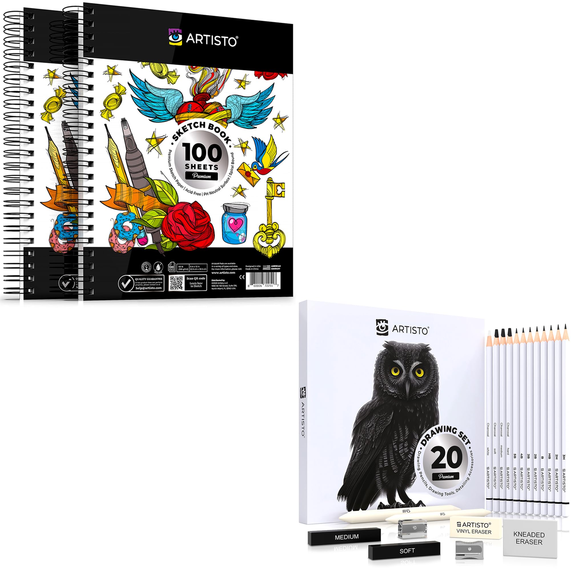 ARTISTO 9x12 Sketching Pads & 20-Piece Art Set Bundle - Premium Drawing Paper & Complete Sketching Supplies for Artists, Students & Beginners | Perfect for Sketching, Doodling, Classroom & Studio Art Projects