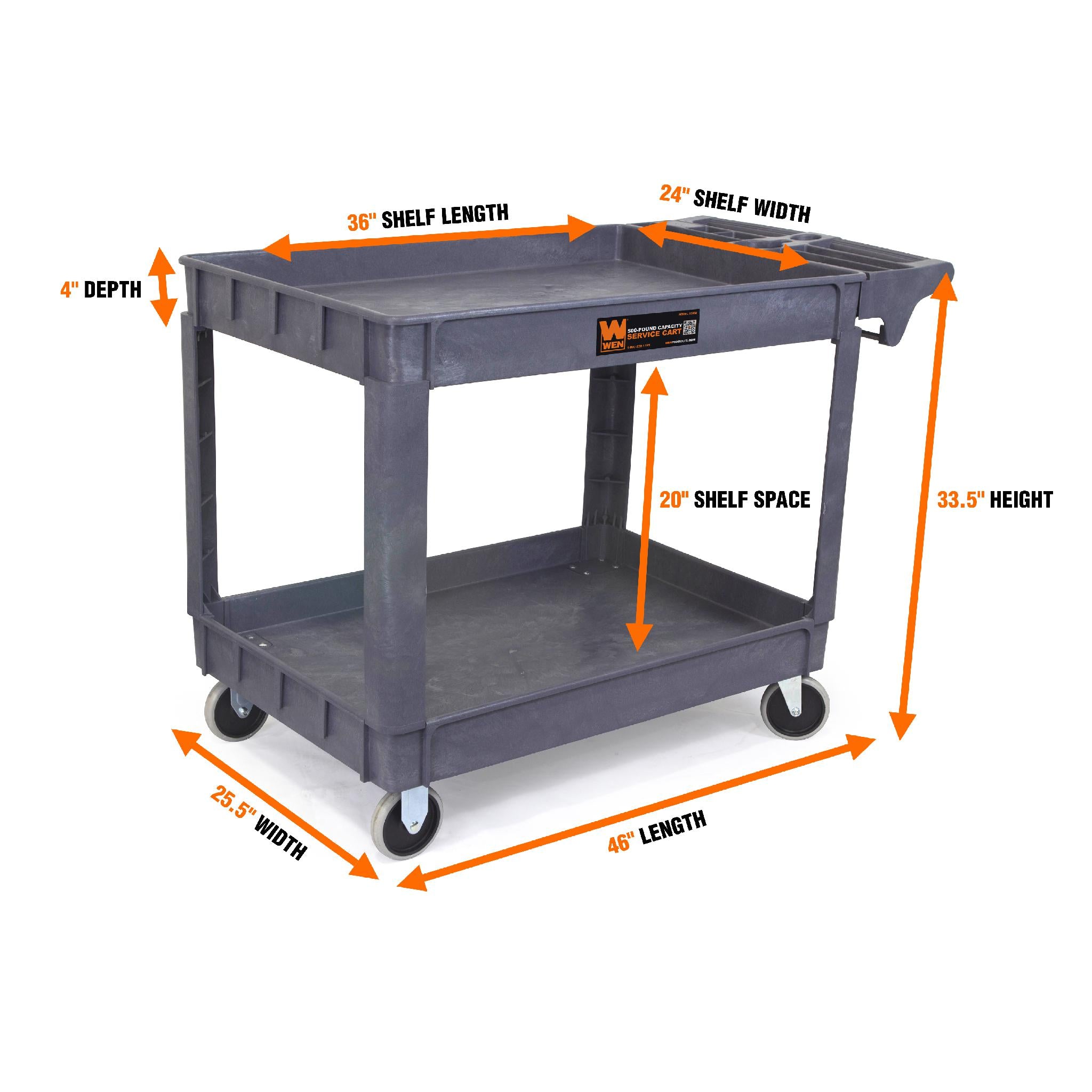 WEN 73004 Heavy Duty 500 lb Capacity Service Cart - 36 x 24 Inch Rolling Utility Cart with Locking Wheels | Perfect for Workshop, Garage, Warehouse & Industrial Use