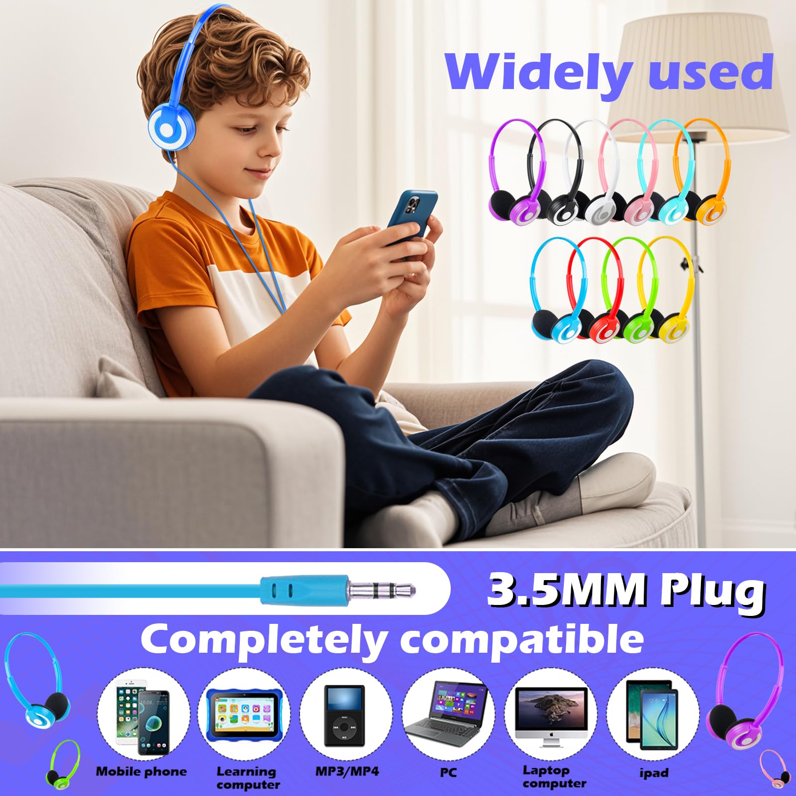 Bulk Classroom Headphones 20 Pack - Durable 3.5mm Wired Headphones for Students, Kids, Teens & Adults - Mixed Colors for School, Library & Online Learning