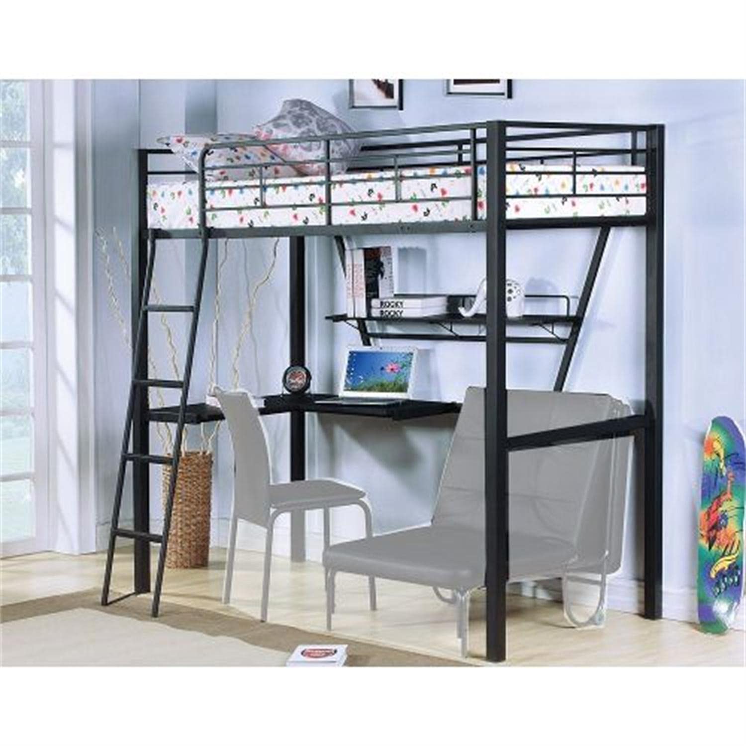 Senon Loft Bed with Built-in Desk - Space Saving Twin Size Bed Frame in Silver & Black - Perfect for Small Bedrooms, Dorm Rooms & Studio Apartments
