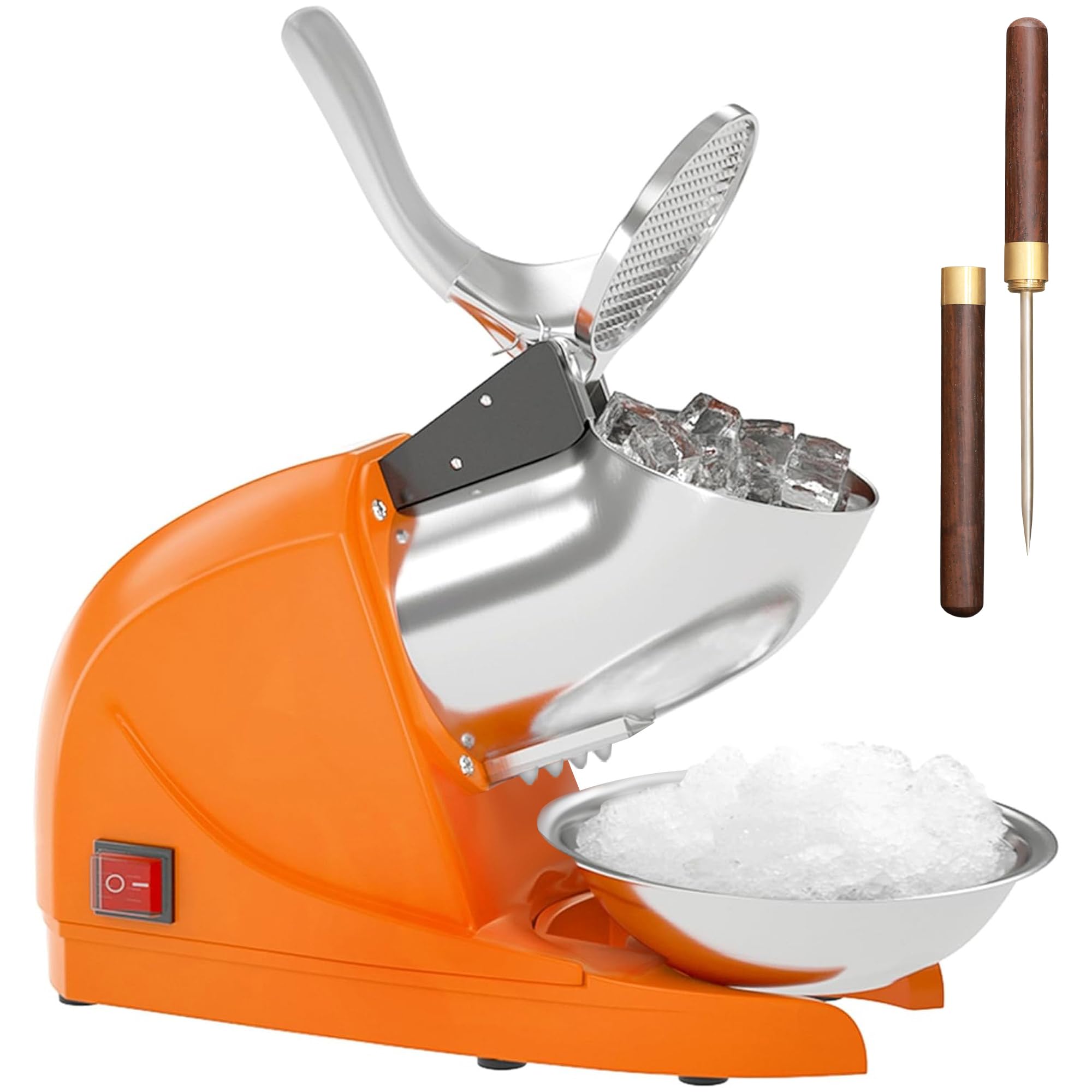 Electric Shaved Ice Machine - 380W 3-Blade Commercial & Home Snow Cone Maker - 286 lb/hr High-Capacity Ice Crusher (Orange) - Perfect for Parties, Events, and Home Refreshments