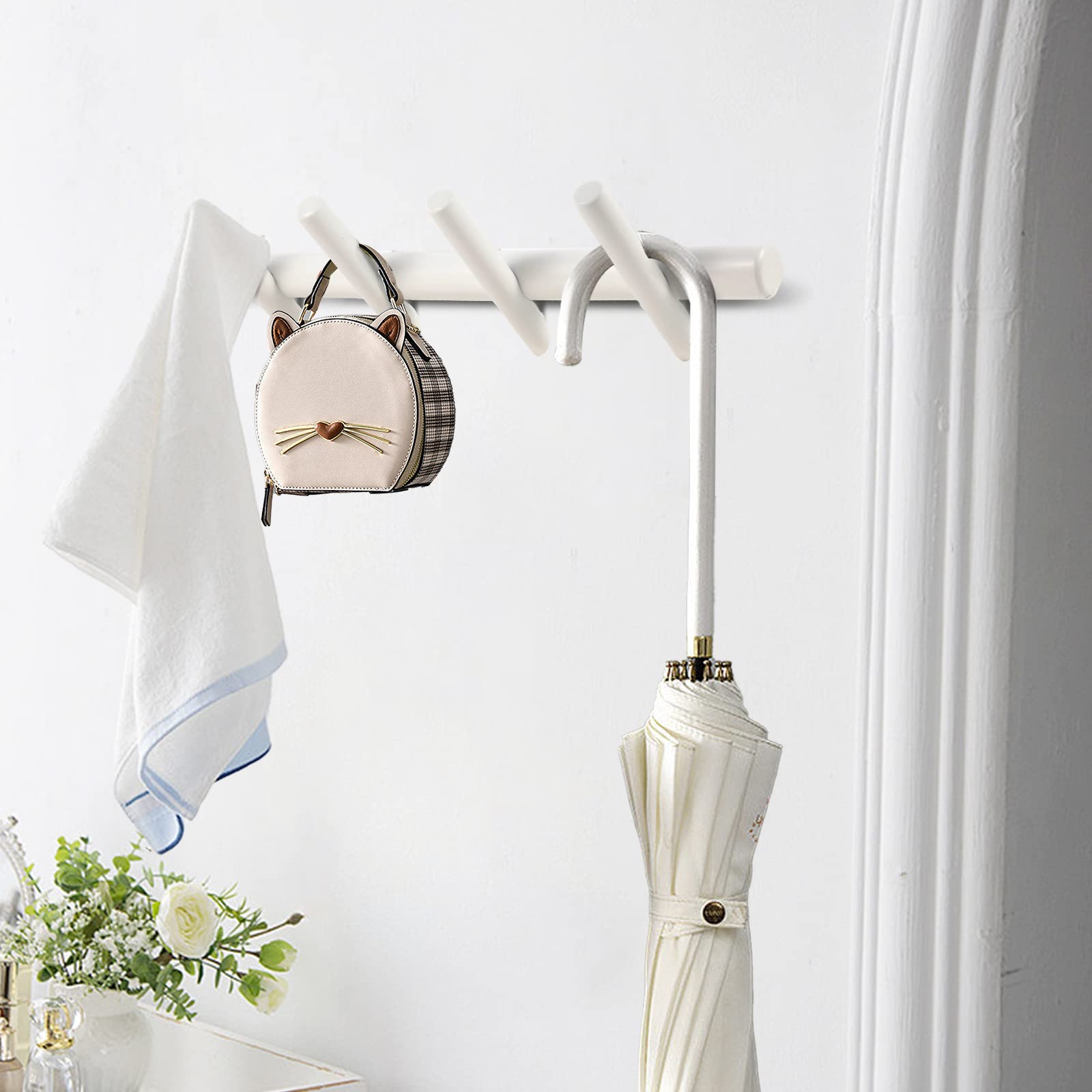 Modern Wood Coat Rack - Wall Mounted Entryway Organizer with 4 Peg Hooks for Coats, Robes, Towels & Hats - White Wooden Wall Hanger for Bedroom, Hallway & Mudroom Organization