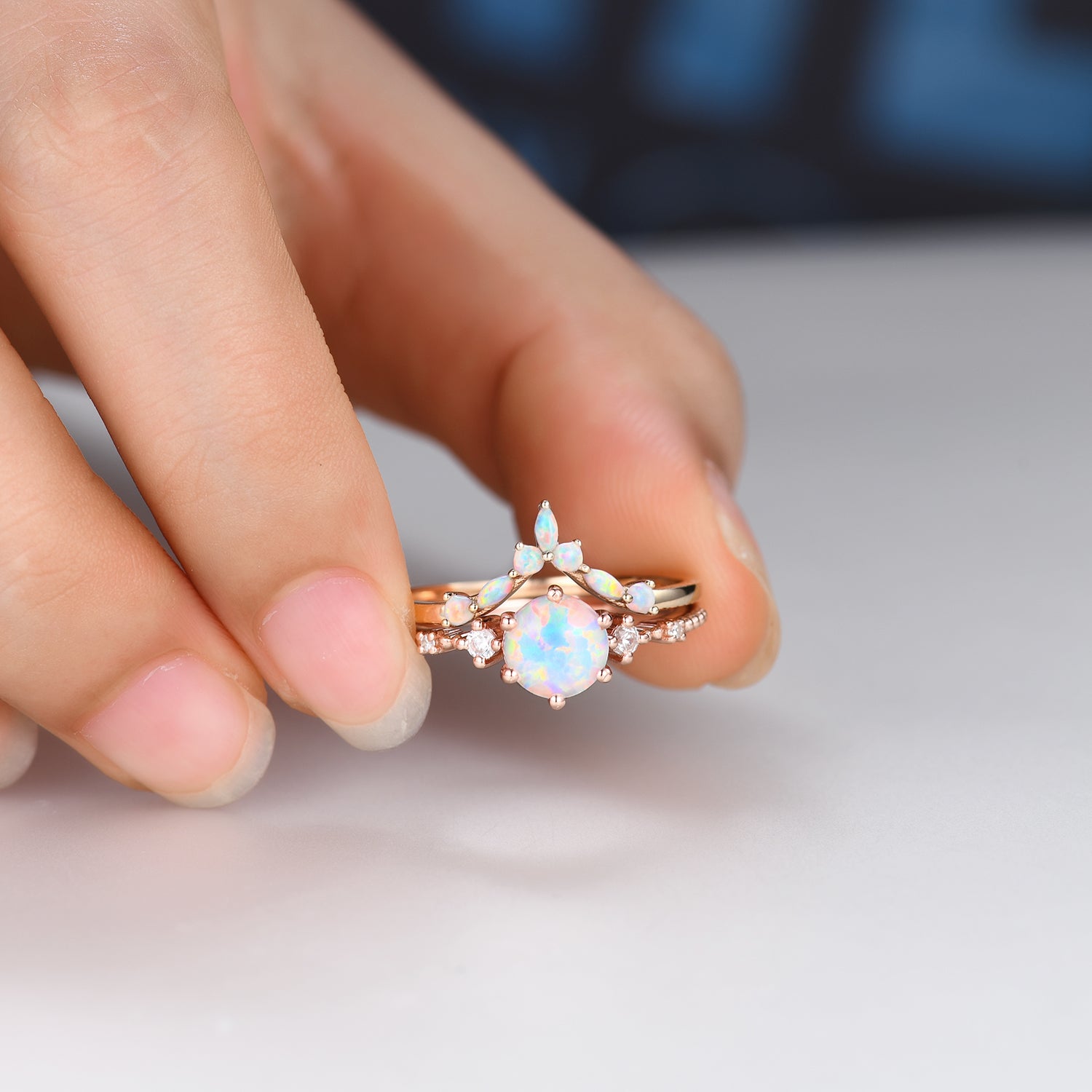 14K Solid Gold Round Opal Bridal Ring Set - Curved Wedding Band for Women, Anniversary Gift, Engagement Jewelry - Perfect for Weddings, Proposals & Special Occasions