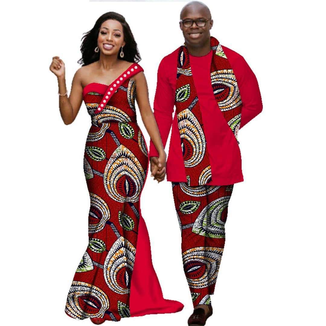 African Print Dresses for Women & Men - Matching Couple Outfits, Long Sleeve Shirt and Pants Sets (XXXL) - Perfect for Weddings, Cultural Events and Date Nights