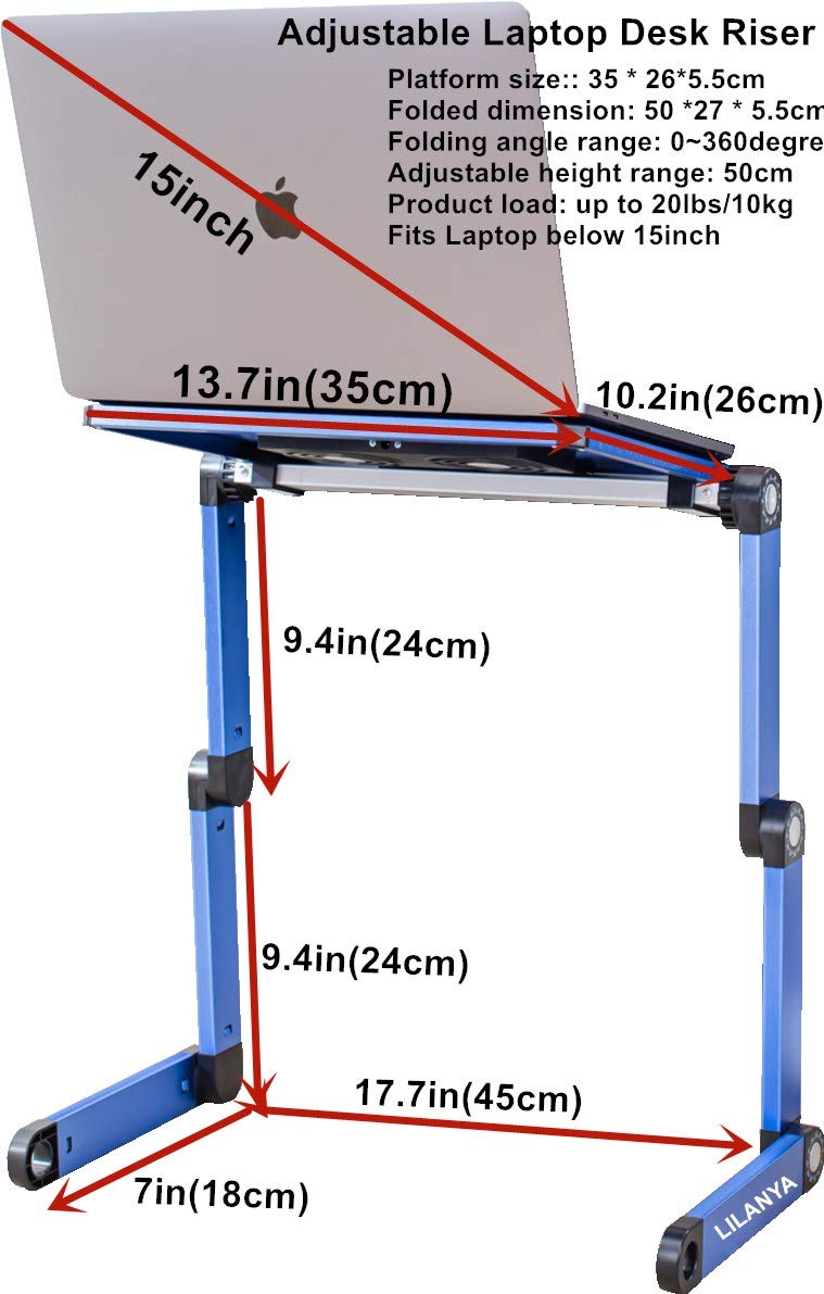 LILANYA Adjustable Laptop Stand with USB Fan - Ergonomic Portable Laptop Table for MacBook, Ultrabook & Notebook - Perfect for Work from Home, Office, Travel, Bed or Couch Use (Blue)
