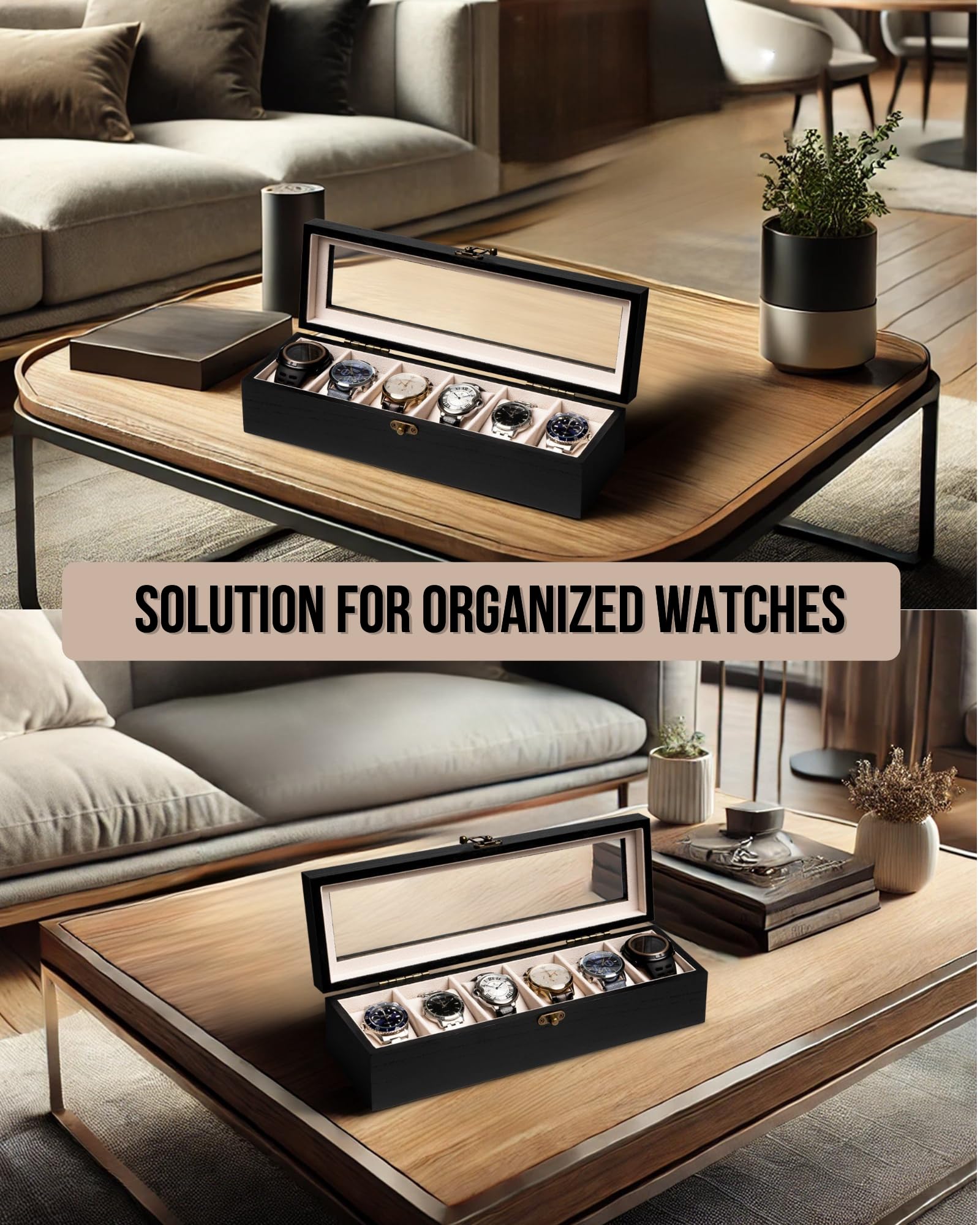 Premium Wooden Watch Box with Large Glass Lid - 6 Slot Watch Organizer Case for Men & Women - Luxury Watch Storage & Display for Jewelry, Watches & Accessories - Perfect for Home, Office & Travel