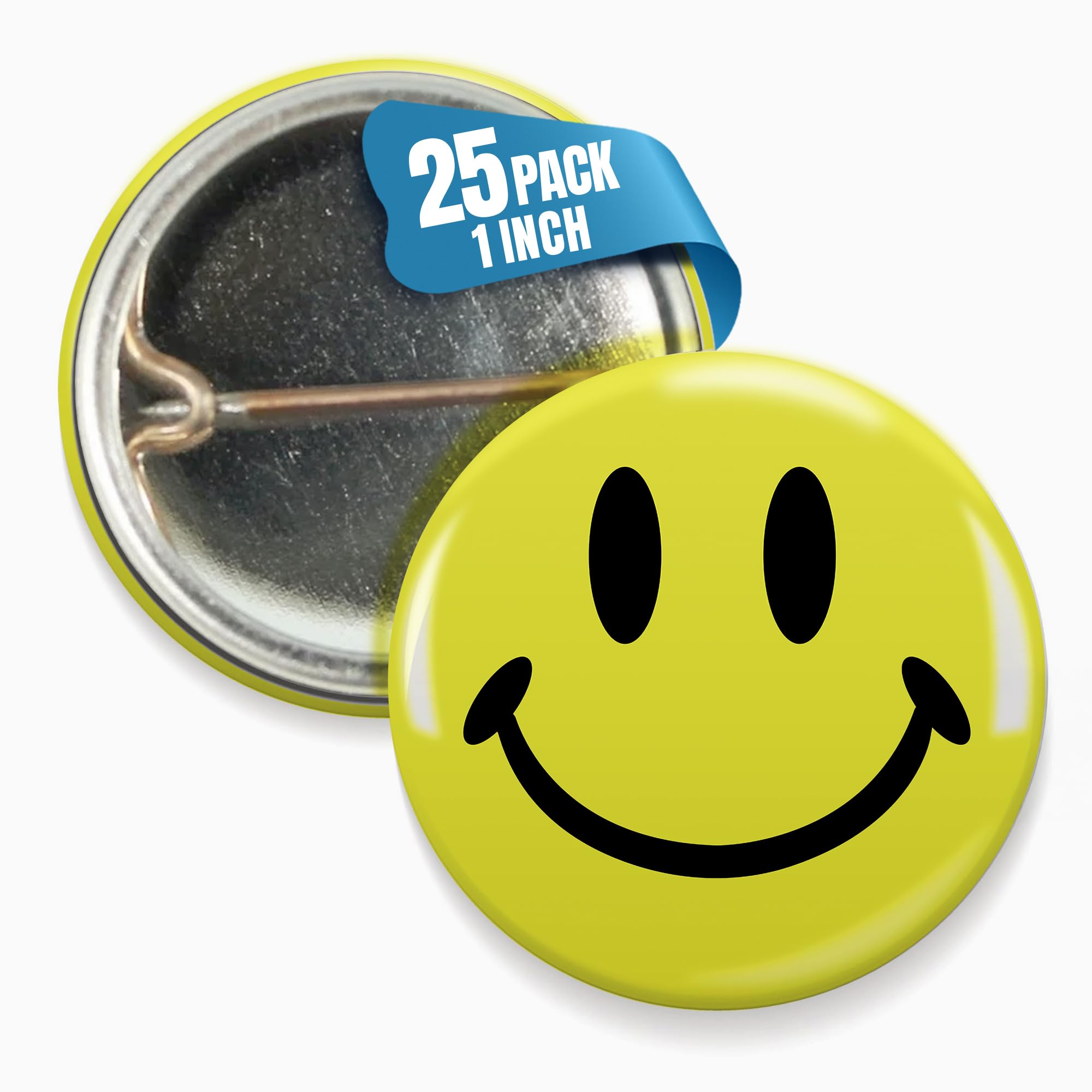 Smiley Face Pinback Buttons - 1 Inch Round Metal Badges with Secure Pin Backing (25 Pack) - Durable Emoji Pins for Backpacks, Jackets & Accessories - Perfect for Parties, Giveaways, School Events & Everyday Fashion