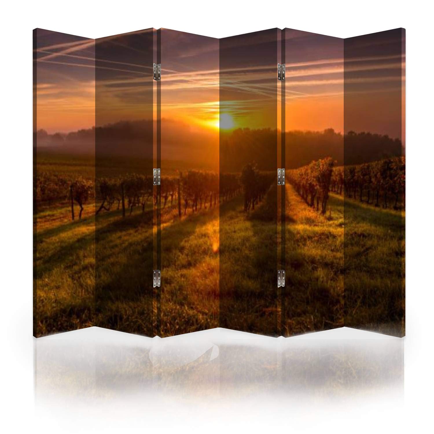 6-Panel Canvas Room Divider Screen - Beautiful Sunset Landscape of Bordeaux Vineyard France - Folding Privacy Partition Wall Divider for Bedroom, Office & Living Room