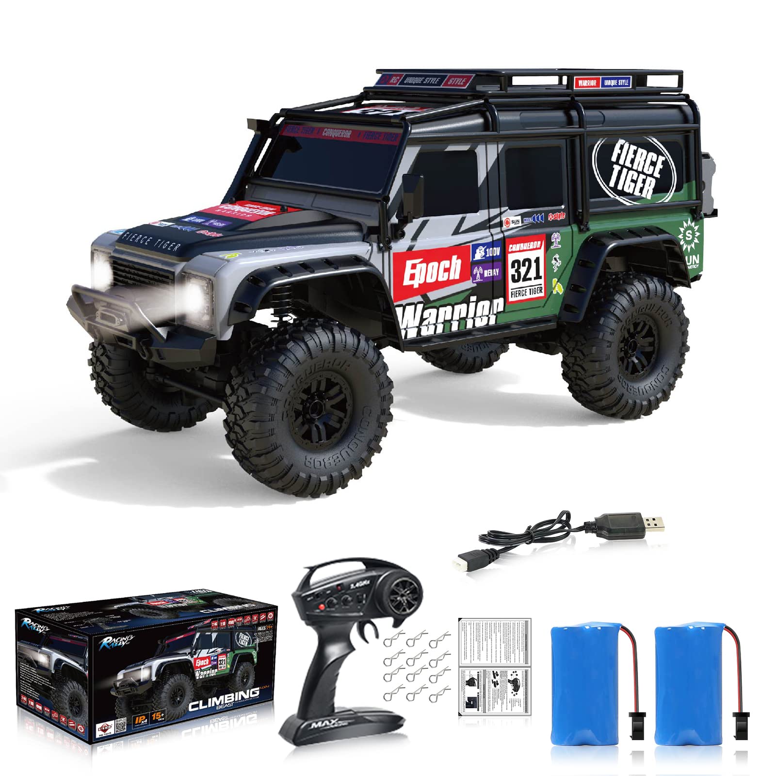 1/10 Scale RC Crawler Off-Road Remote Control Car - 4WD 2.4GHz Brushed Hobby Grade RTR Model with LED Lights & 2 Batteries - Perfect for Kids & Adults Outdoor Racing and Backyard Crawling Adventures