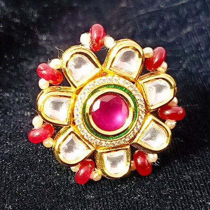 Exquisite Designer Gold Plated Royal Kundan & Ruby Beaded Ring (Design 111) - Perfect for Weddings, Parties & Special Occasions