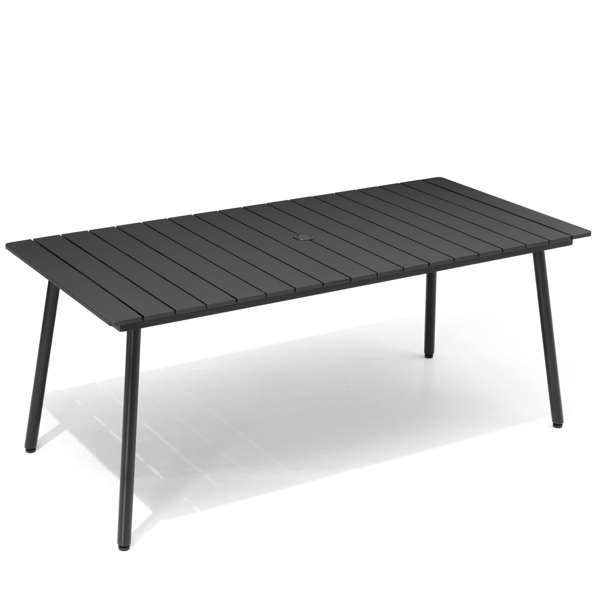 70 Inch Outdoor Dining Table - Weather-Resistant Wood-Like Top & Aluminum Frame - Rectangular Patio Table with Umbrella Hole - Perfect for Backyard BBQs, Poolside Gatherings & Garden Parties (Black)