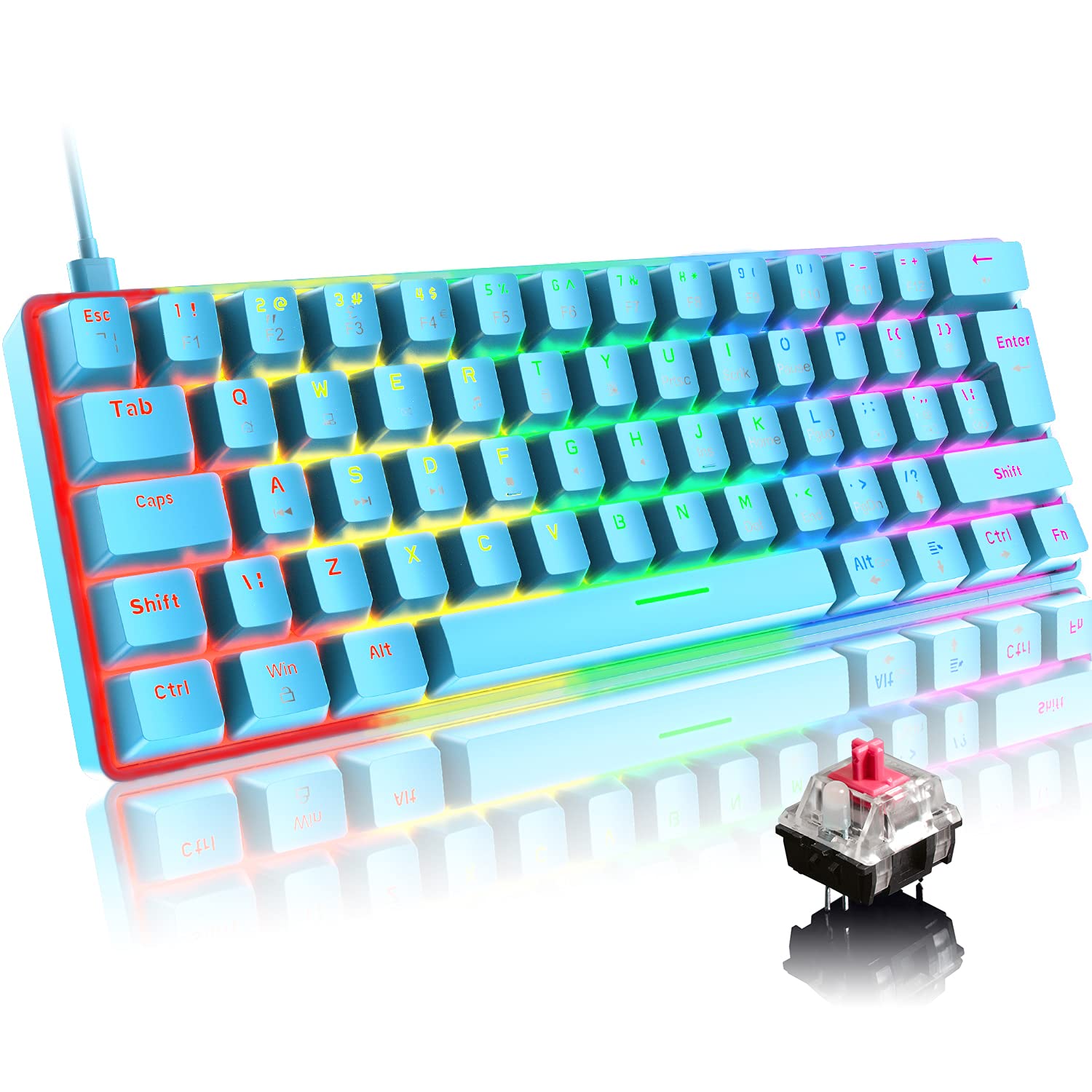 T60 UK Layout 60% Wired Mechanical Gaming Keyboard - Blue Switch, 62 Keys, RGB Backlit, Anti-Ghosting | Compact & Portable for PC, Laptop | Perfect for Gamers, Programmers & Office Typists (Blue/Red Switch Options)