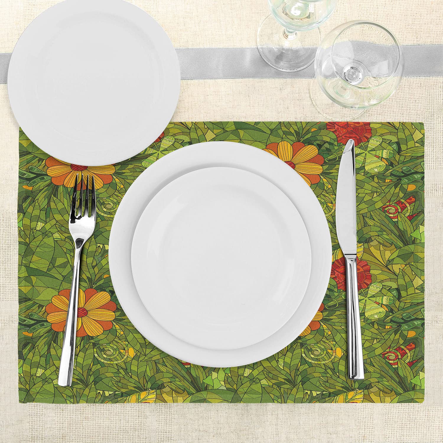 Ambesonne Floral Place Mats Set of 4 - Washable Fabric Table Mats with Funky Flower Foliage & Retro Jungle Design for Dining Room & Kitchen Decor in Vermilion, Marigold & Olive Green | Perfect for Dinner Parties, Holiday Gatherings & Everyday Use
