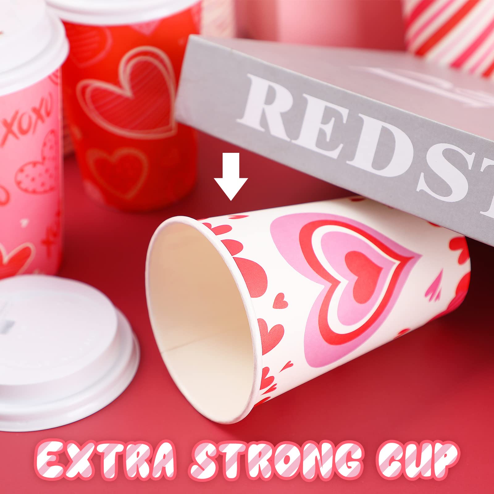 Funtery 60-Pack 12oz Valentine's Day Disposable Paper Cups with Lids - Pink Heart Design for Hot Chocolate, Coffee, Tea & Beverages - Perfect for Valentine's Parties, Christmas Celebrations & Coffee Bar Essentials