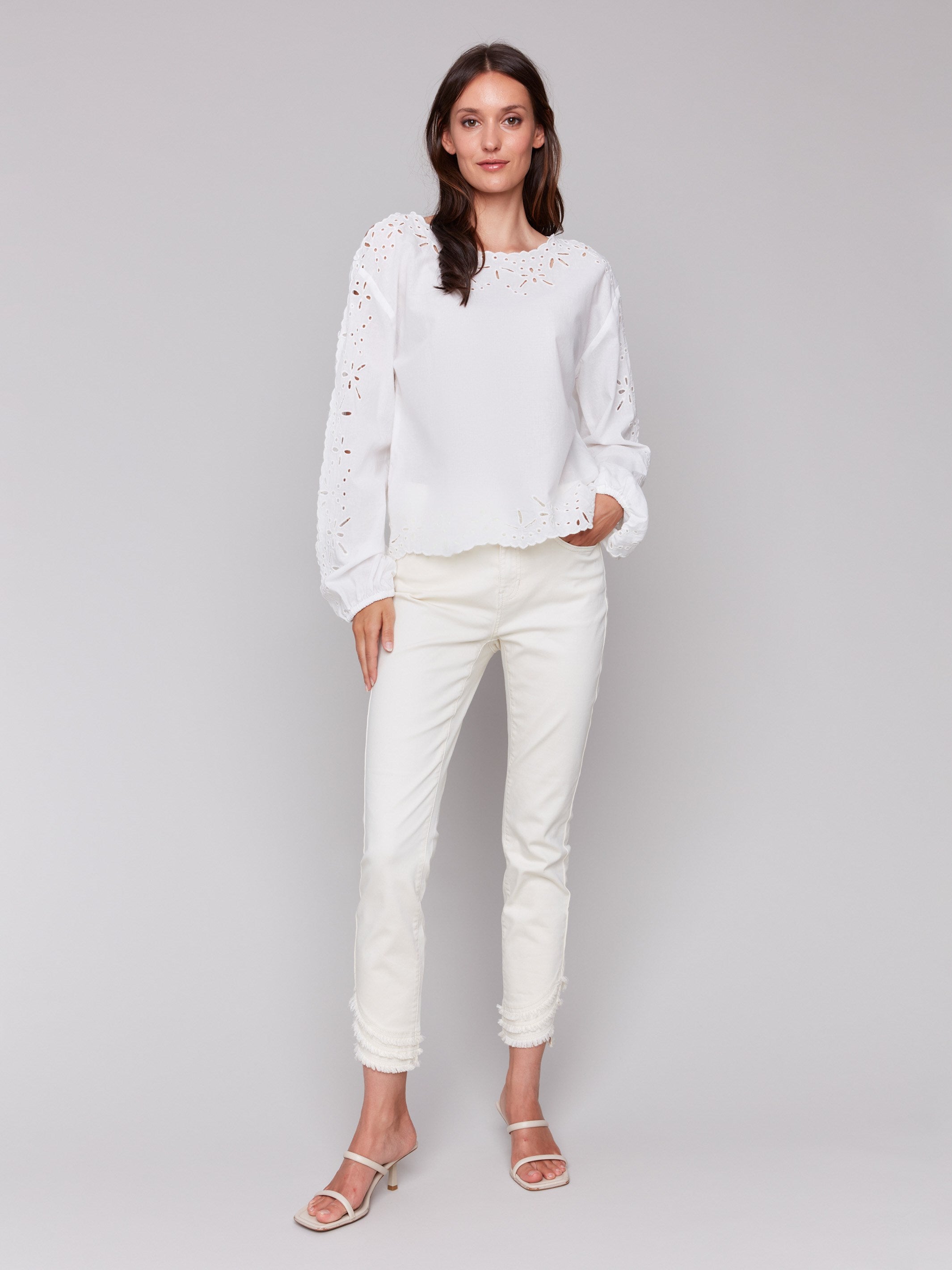 Elegant White Eyelet Cotton Long Sleeve Blouse for Women - Perfect for Office Wear, Casual Outings & Spring Fashion