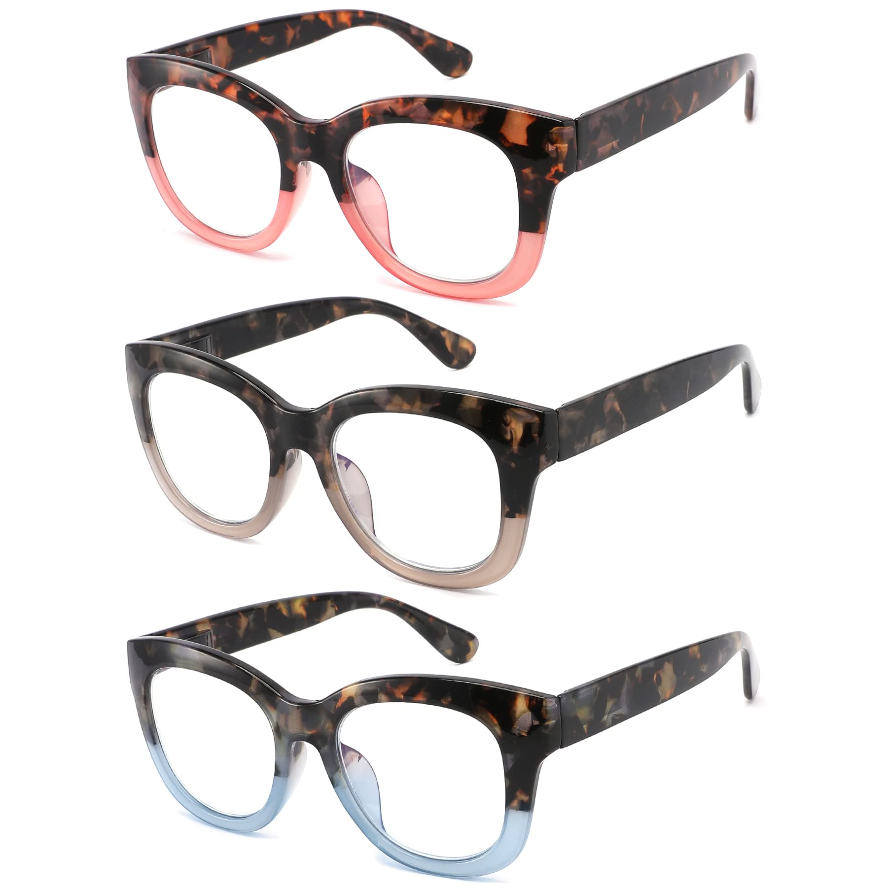 3 Pack Blue Light Blocking Reading Glasses for Women - Oversized Round Frame Computer Eyewear with Spring Hinge, Anti-Glare & UV Protection (+1.00 Magnification) - Perfect for Office Work, Screen Time & Reading