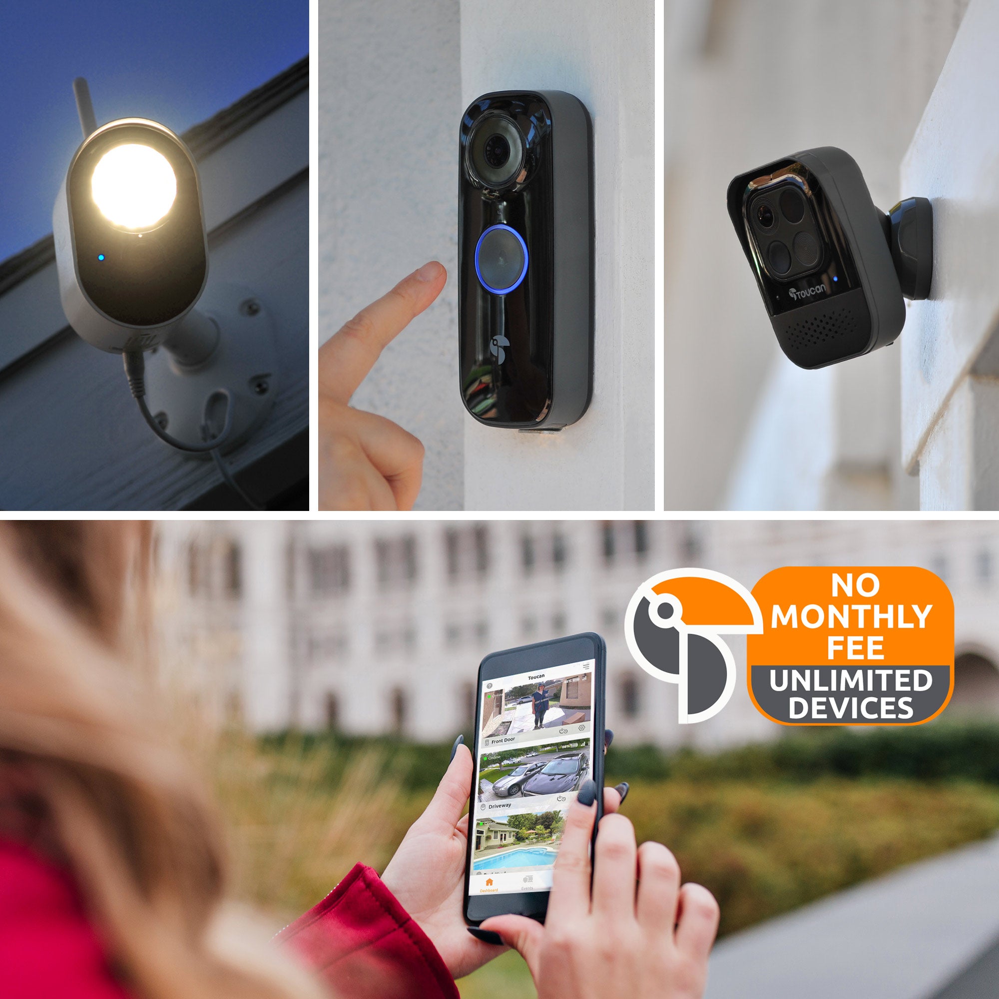 Toucan Wireless Video Doorbell PRO, Wireless Security Camera PRO & Floodlight Security Camera Bundle – HD 1080p, Night Vision, 2-Way Audio, Weatherproof for Home Security & Outdoor Monitoring