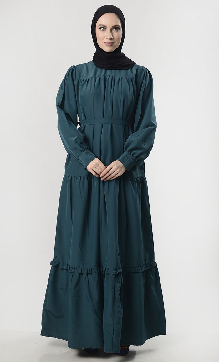 Elegant Multi-Tier Abaya with Pockets - Modest Muslim Dress for Women | Perfect for Prayer, Special Occasions & Everyday Wear