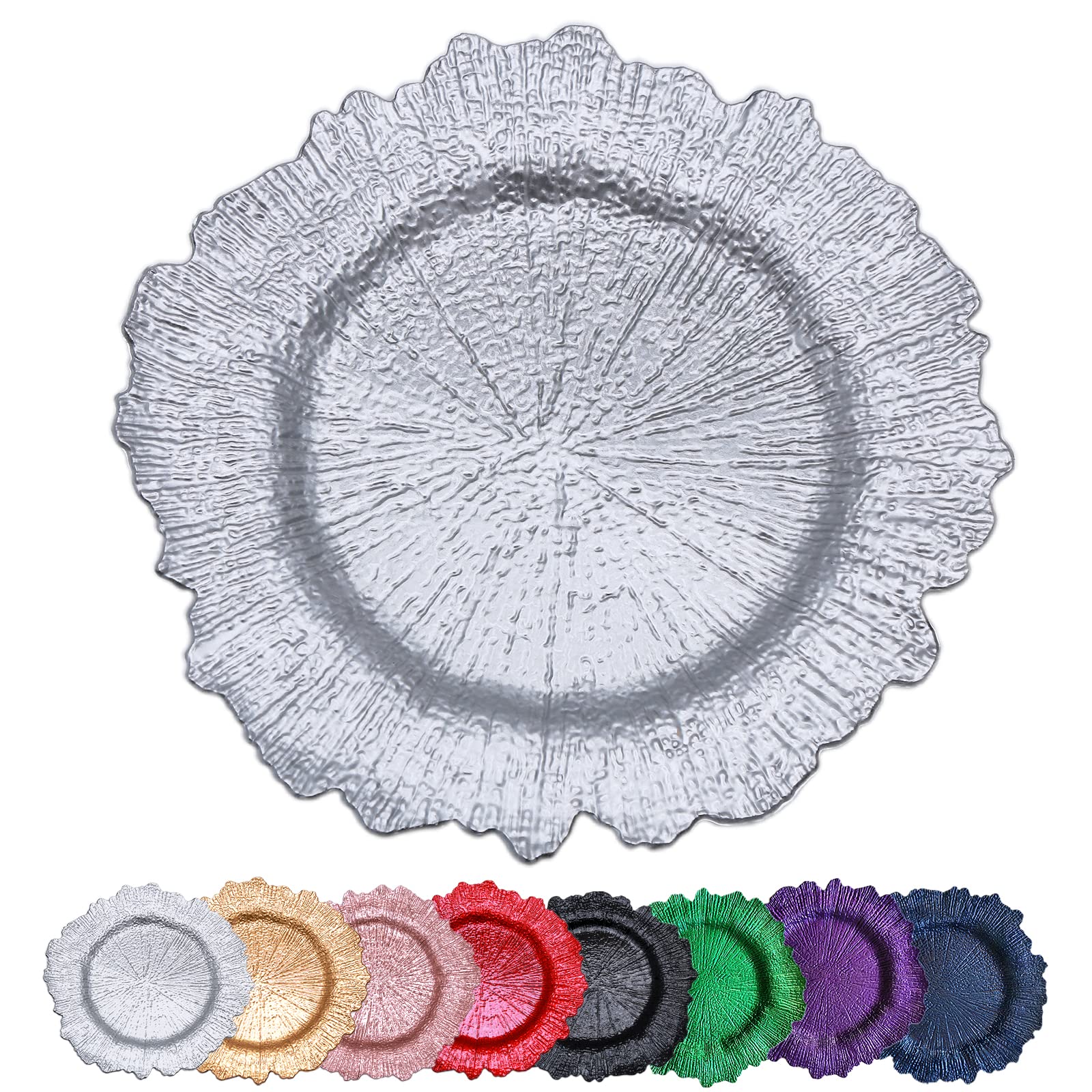Silver Reef Charger Plates 13 Inch - Set of 10 Plastic Floral Decorative Dinner Plates for Wedding, Party, Event & Home Decor - Elegant Table Setting for Formal Dinners, Bridal Showers & Holiday Celebrations