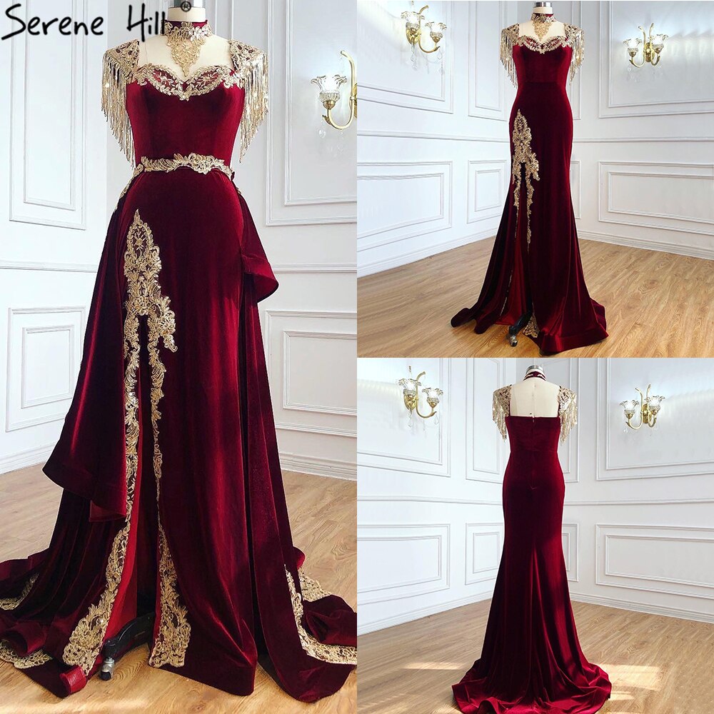 Serene Hill Velvet Wine Red Evening Gown with Detachable Train & Side Slit - Luxury Tassel Sexy Party Dress for Women 2025 (LA70789) | Perfect for Prom, Gala & Formal Events