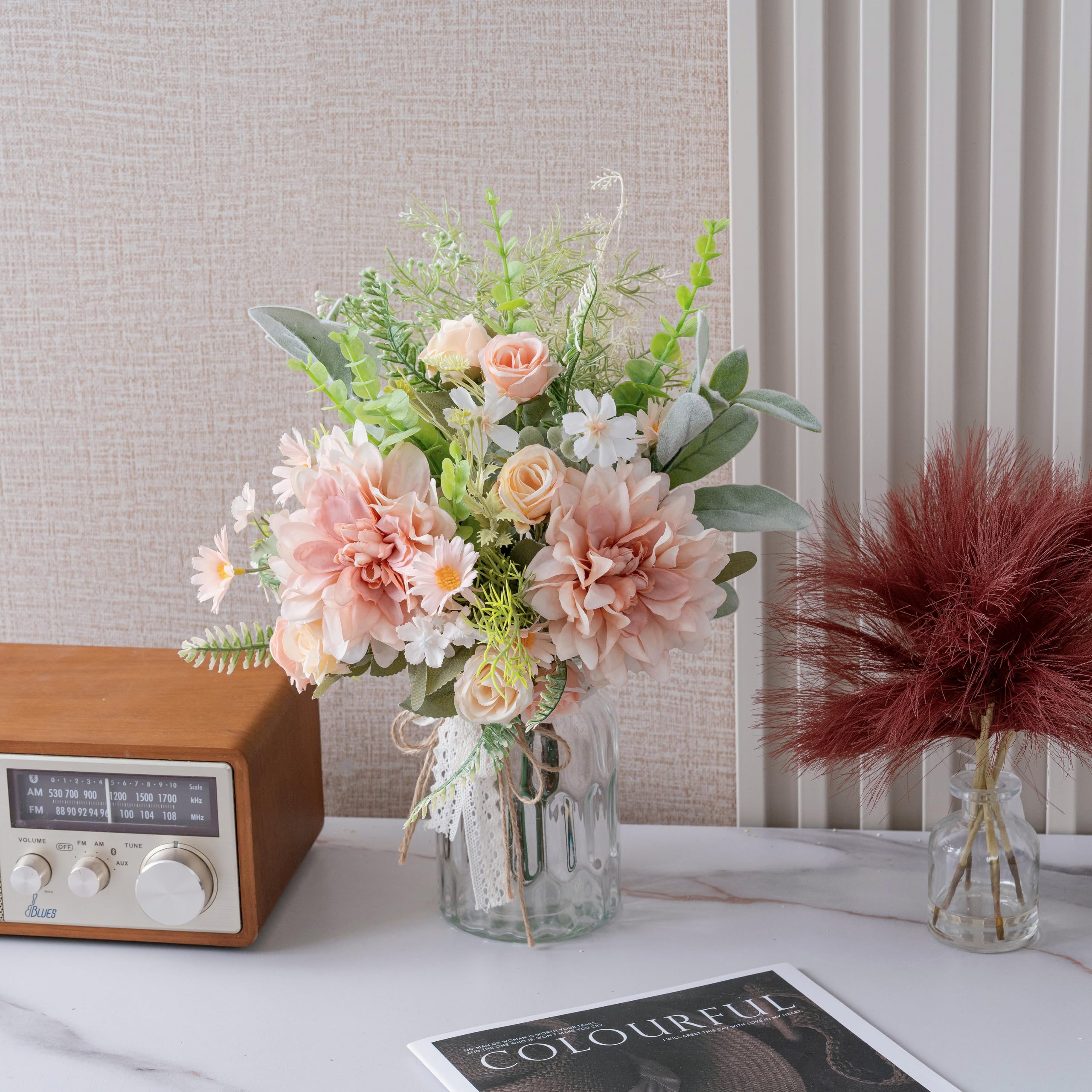 LUEUR Artificial Silk Rose and Hydrangea Bouquet in Vase - Pink Dahlia Floral Arrangement for Home Decor, Wedding Centerpiece, Spring Table Decorations | Perfect for Living Room, Dining Table, Office Desk Decor