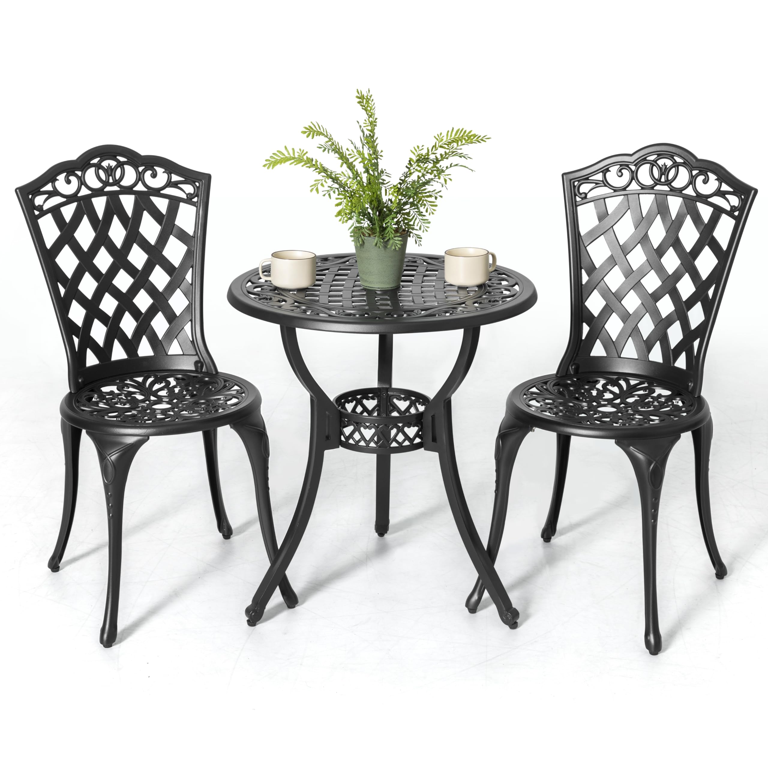 NUU GARDEN 3-Piece All-Weather Cast Aluminum Outdoor Bistro Set - Patio Table & 2 Chairs with Umbrella Hole - Perfect for Yard, Garden, Balcony, Deck or Poolside Dining (Black)