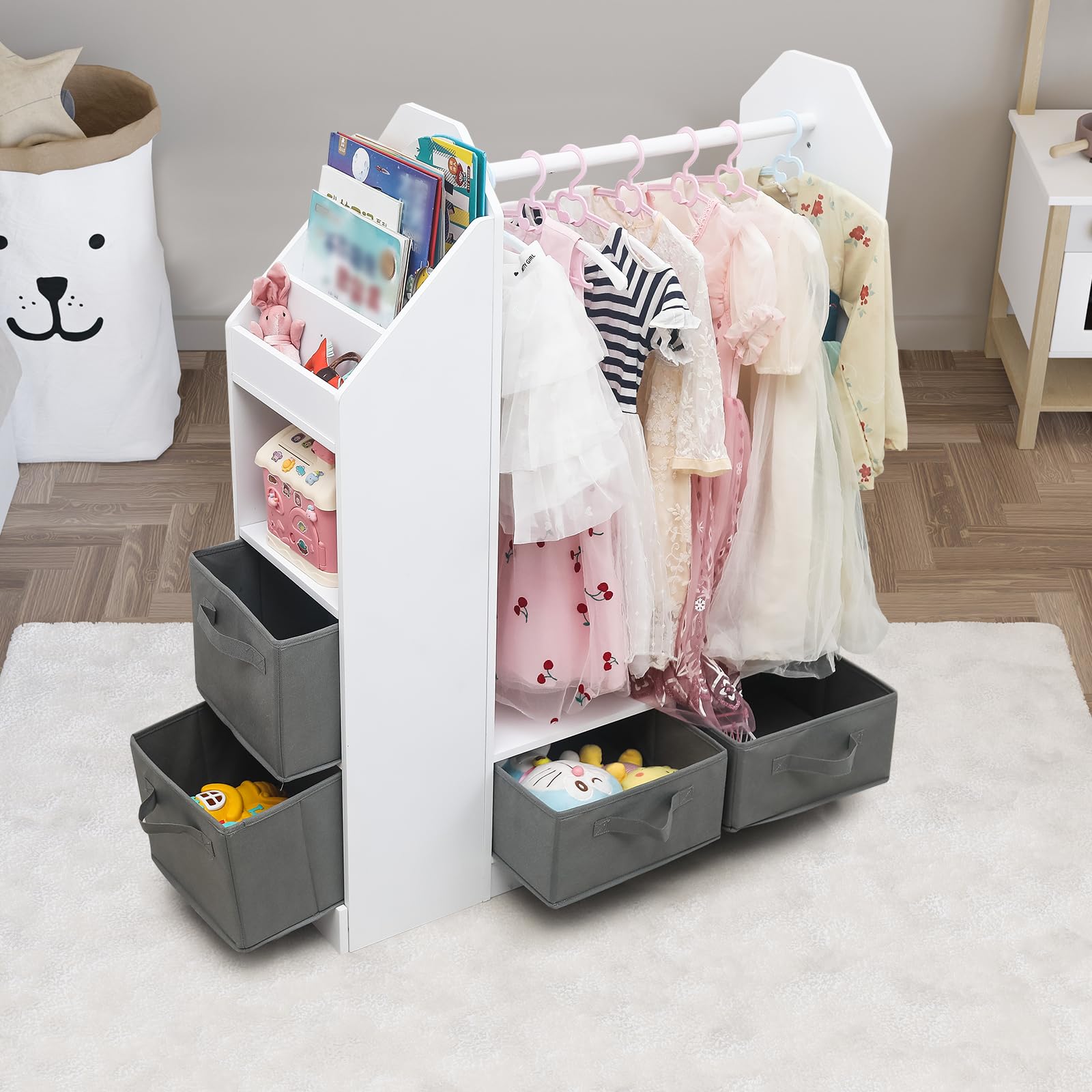 Kids Costume Organizer & Dress Up Storage Rack with Mirror & Storage Bin - Open Hanging Play Armoire Dresser for Pretend Play & Toy Organization - Perfect for Bedroom, Playroom & Daycare Storage Solutions