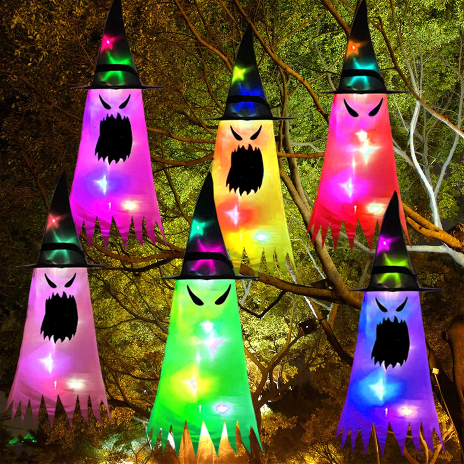 LED Lighted Witch Hat & Glowing Ghost Hat - Halloween Party Decorations for Indoor Outdoor, Haunted House, Garden & Yard - Spooky Holiday Atmosphere Lights (1pc Purple) - Perfect for Halloween Parties, Trick or Treating & Haunted House Themes