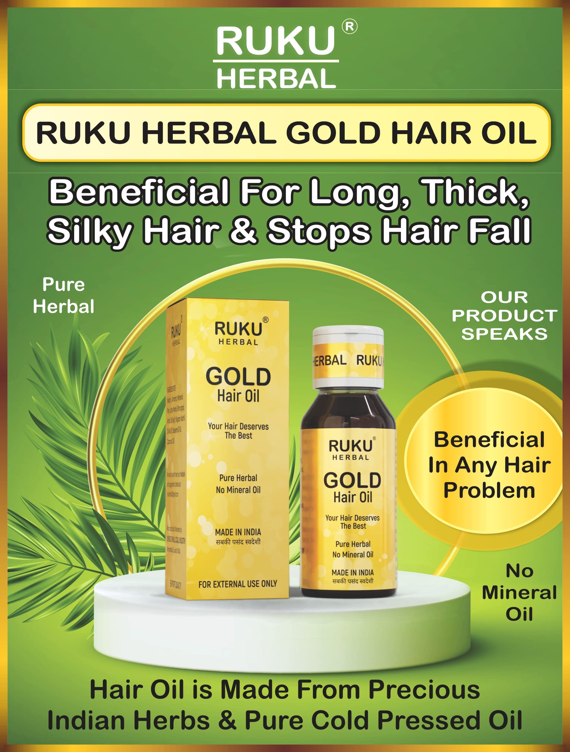 RUKU Herbal Gold Hair Oil 60ml - Natural Hair Growth Treatment for Thinning, Dry & Damaged Hair - Promotes Stronger, Longer & Healthier Locks - Perfect for Daily Scalp Massage & Hair Care Routine