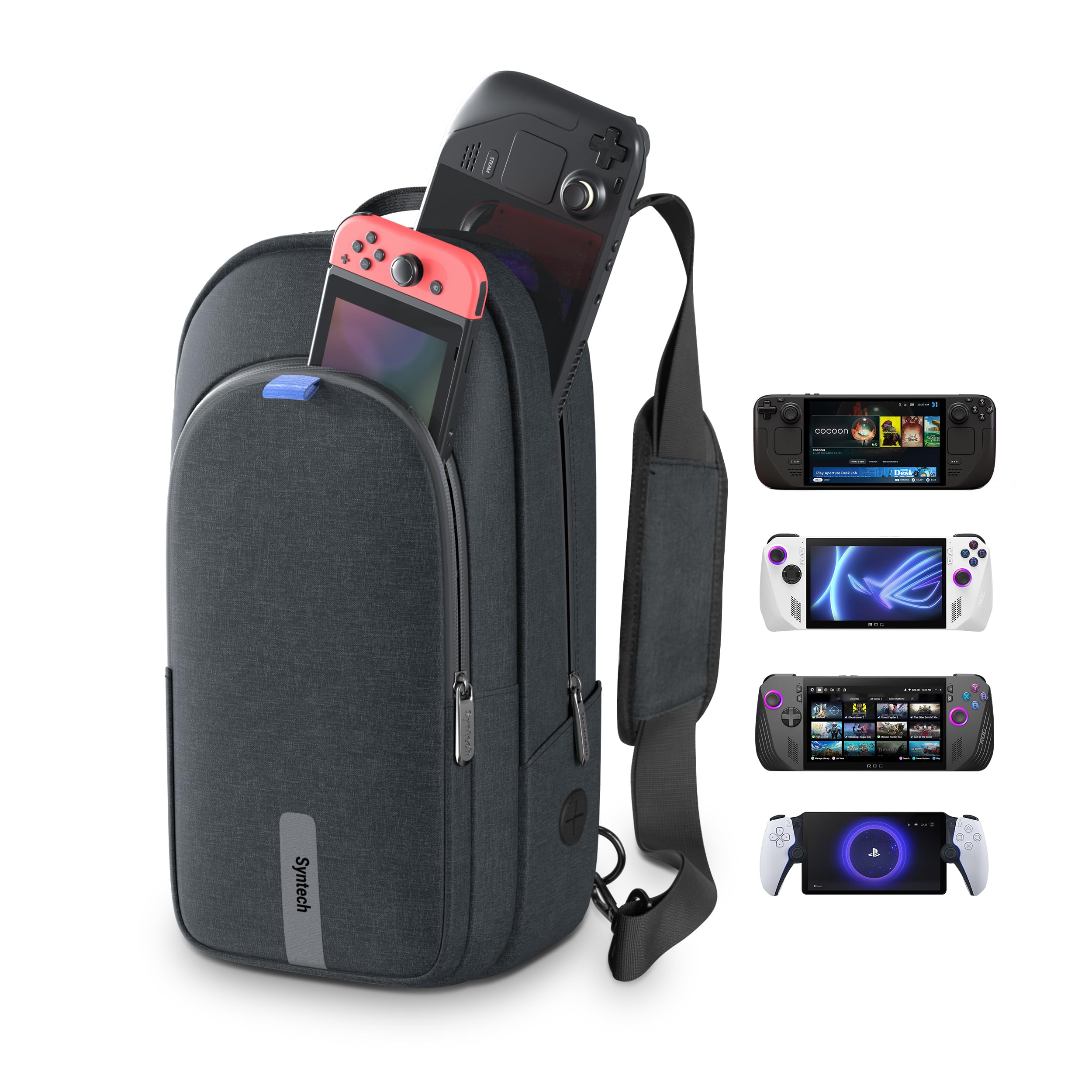 Syntech Portable Travel Sling Bag for Steam Deck OLED, ROG Ally X, Legion Go S, Nintendo Switch 2 & PS Portal - Large Storage Gaming Console Carrying Case with Accessory Pockets - Perfect for Travel, Commuting & Gaming On-The-Go (Black)