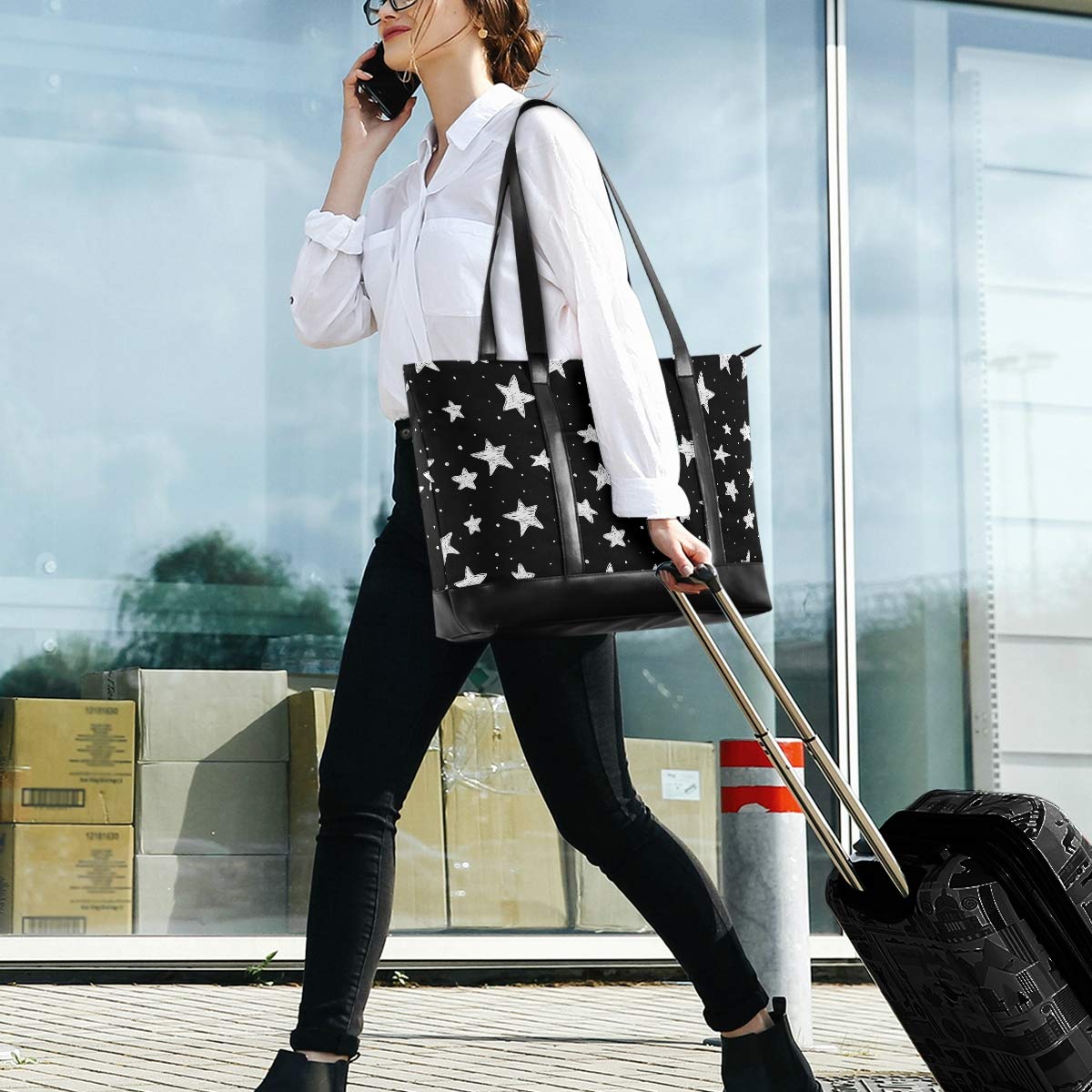 ALAZA Doodle Stars Black and White Laptop Tote Bag for Women - Lightweight Canvas Leather Shoulder Bag Fits 15.6 Inch Laptop - Perfect for Work, School, and Travel