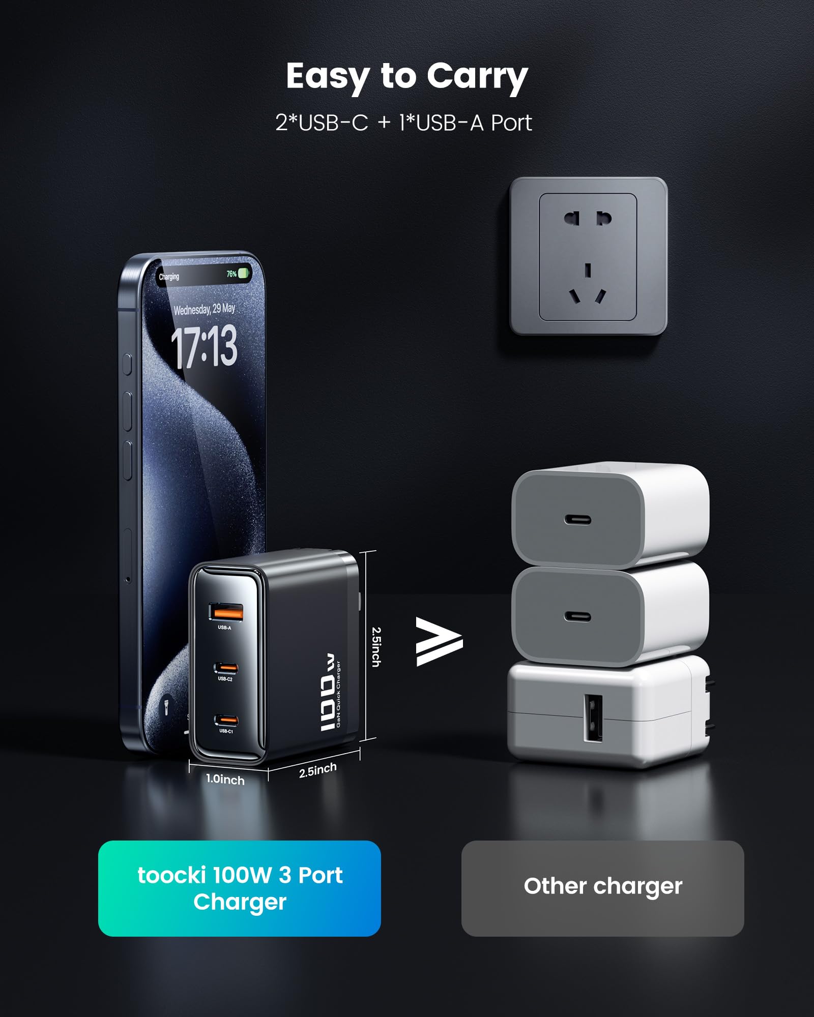 Toocki 100W GaN Fast Charger, 3-Port USB C Wall Charger with Foldable Plug & 3.3FT USB C to C Cable - PD PPS Charging for MacBook Pro/Air, iPhone 16, Galaxy S23, iPad, Tablets - Perfect for Travel, Office & Home Use