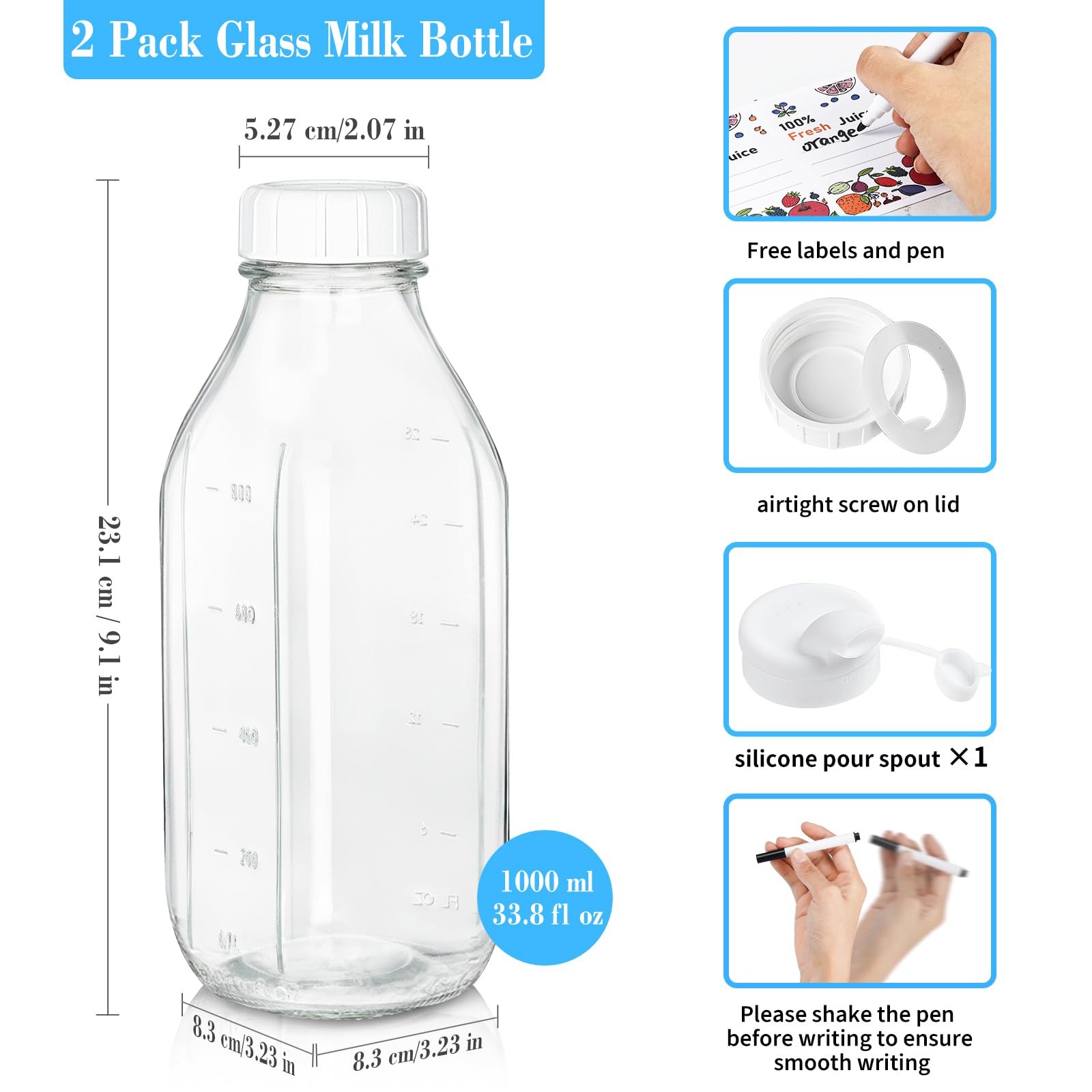 32oz Reusable Glass Milk Bottles with Dispenser Cap - 2 Pack Airtight Heavy Duty Screw Lid Set for Breast Milk, Buttermilk, Juice & Water | Perfect for Baby Feeding, Kitchen Storage & Beverage Dispensing